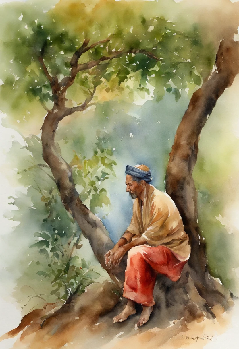 Homem oriental, velho, wise, Resting under a leafy tree