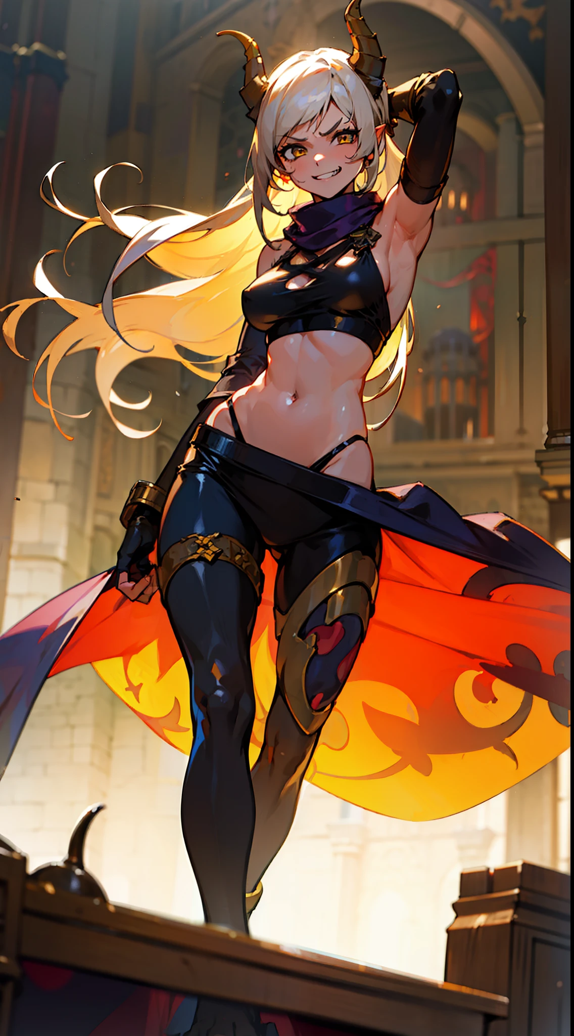 girl,brown skin, hidden arms,long hair, white hair,curly hair,yellow eyes,(((villain,psycho,villain smile, psychopath, angry))), medium boobs,show belly,gold armor outfit, black small shirt,long black stockings, detailed clothes, masterpiece, hyper realistic, high definition,black horns,black pantyhose,elves ears,yellow scarf,close-up,(((standing inside of a castle)))