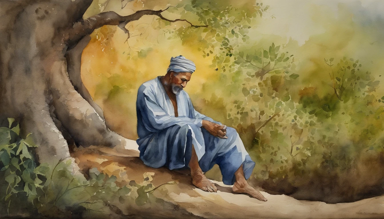 Homem oriental, velho, wise, Resting under a leafy tree