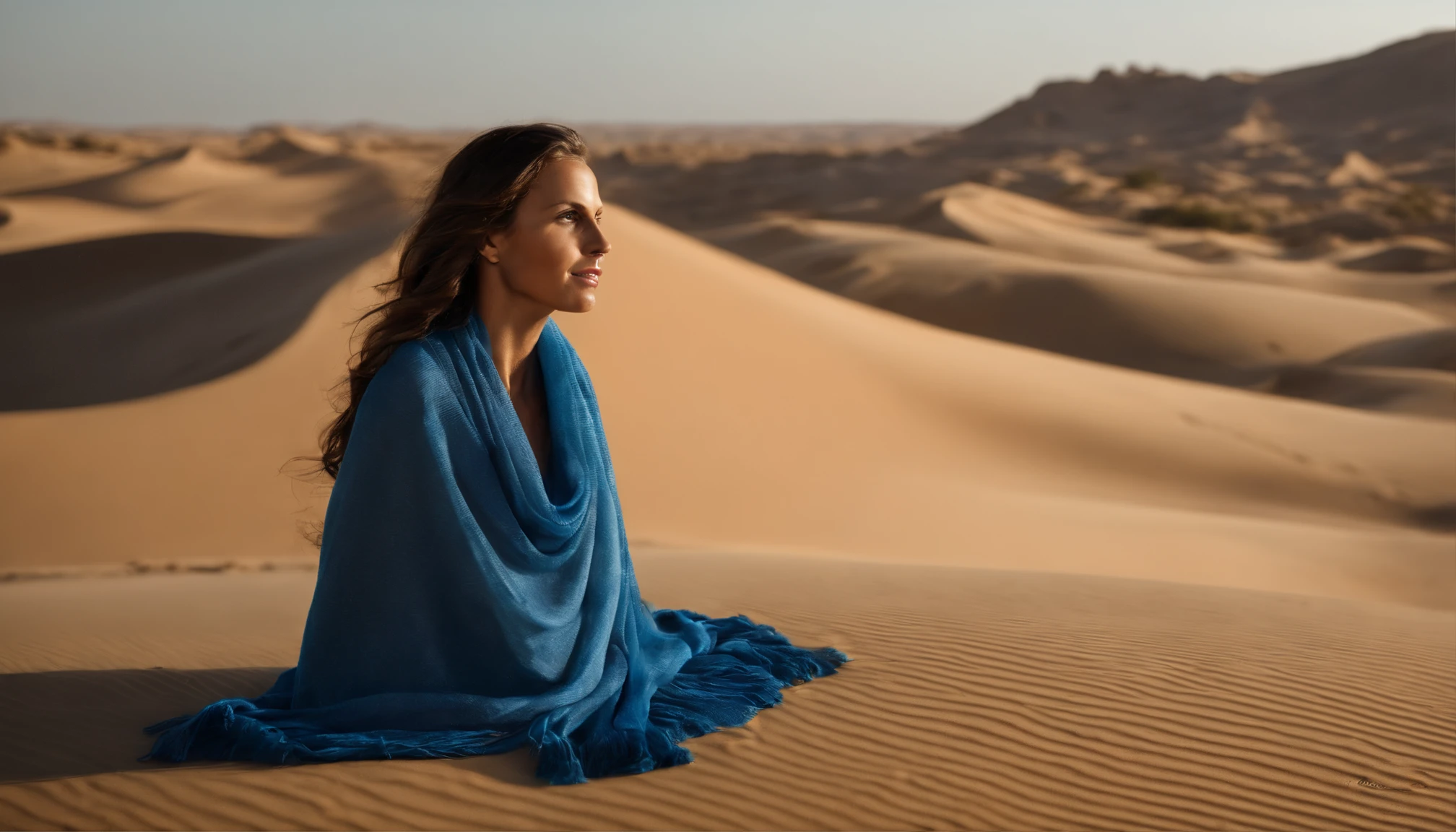 A Scandinavian woman is wearing a blue scarf in the desert, detailed facial features, Firminbaes, fotografia de guerra, olhar intenso,fotografia de retrato, desfoque de fundo,capturado por Sony Alpha a7 Illcamera com Sony FE 24-105mm f/Lente OSS 4G*