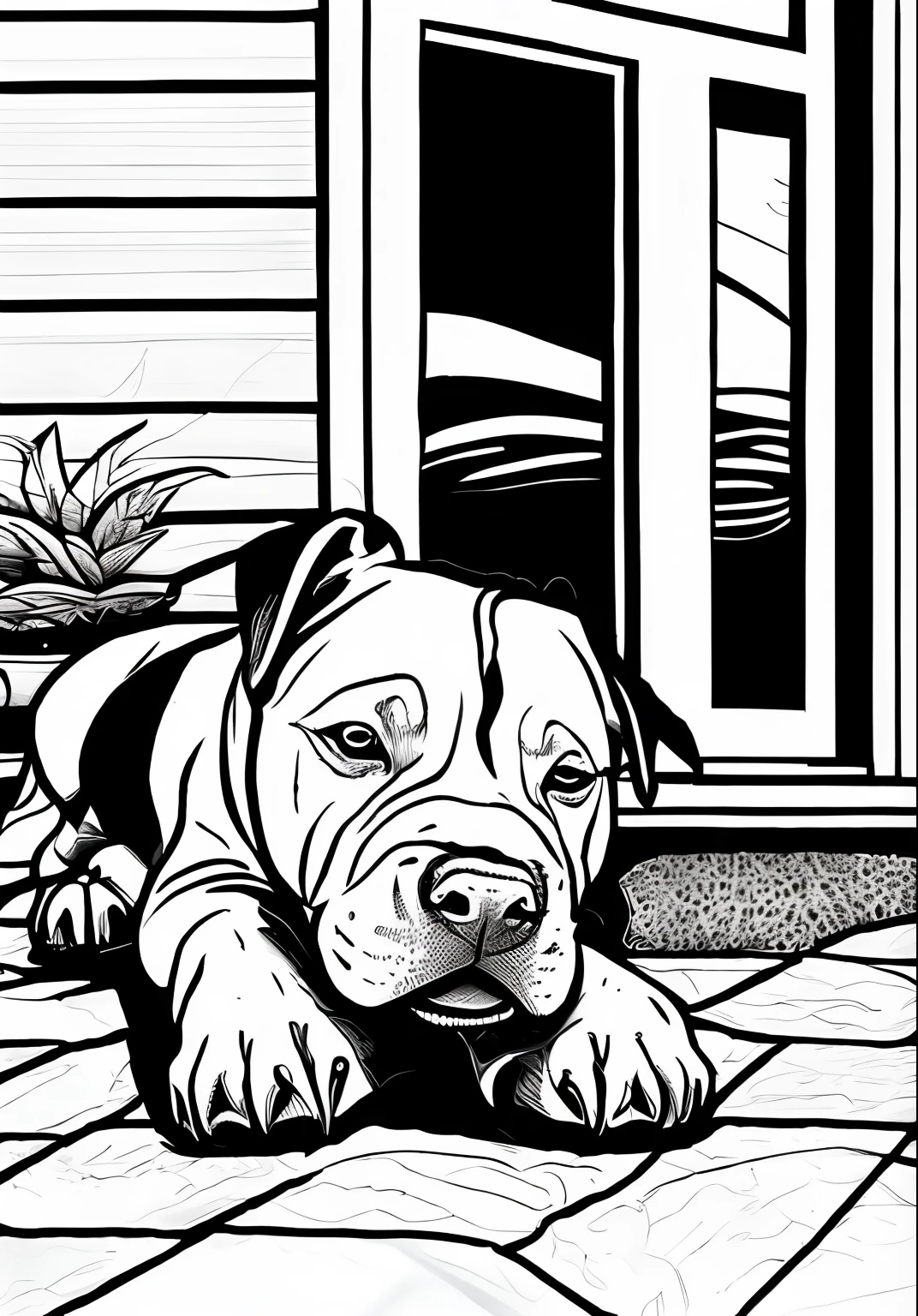 Coloring book of a Bull Terrier dog lying in front of the house, estilo dos desenhos animados, linhas grossas, sem cor, fundo branco, Apenas linhas, imagem sem preenchimento de cor