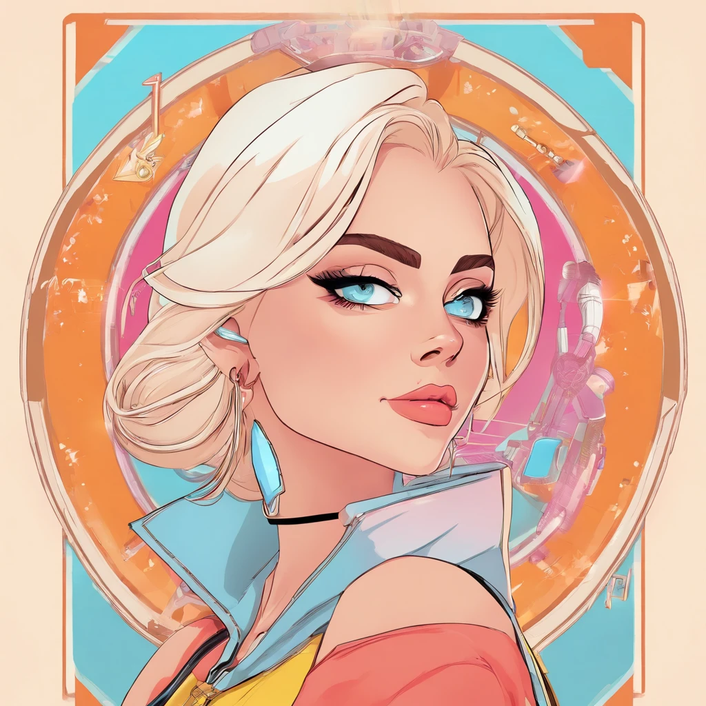 inspired by Android 18, is characterized by its exquisite beauty and unique elegance that combine human charm and high technology. Its skin is usually smooth and has a pale pink or silvery hue., giving it a futuristic and elegant appearance. Its eyes are usually bright blue or green, reflecting its bright and cold programming. Elle dispose de longs, cheveux lisses, often in shades of silvery white or light blue, and it can be geometrically designed with nested mechanical parts. His facial features are precise and alluring in a distinctive way, And she has a seductive smile that hides sinister intentions and goals.. His clothes are meticulously designed, Combining elements of classic fashion with futuristic, Conceptions innovantes