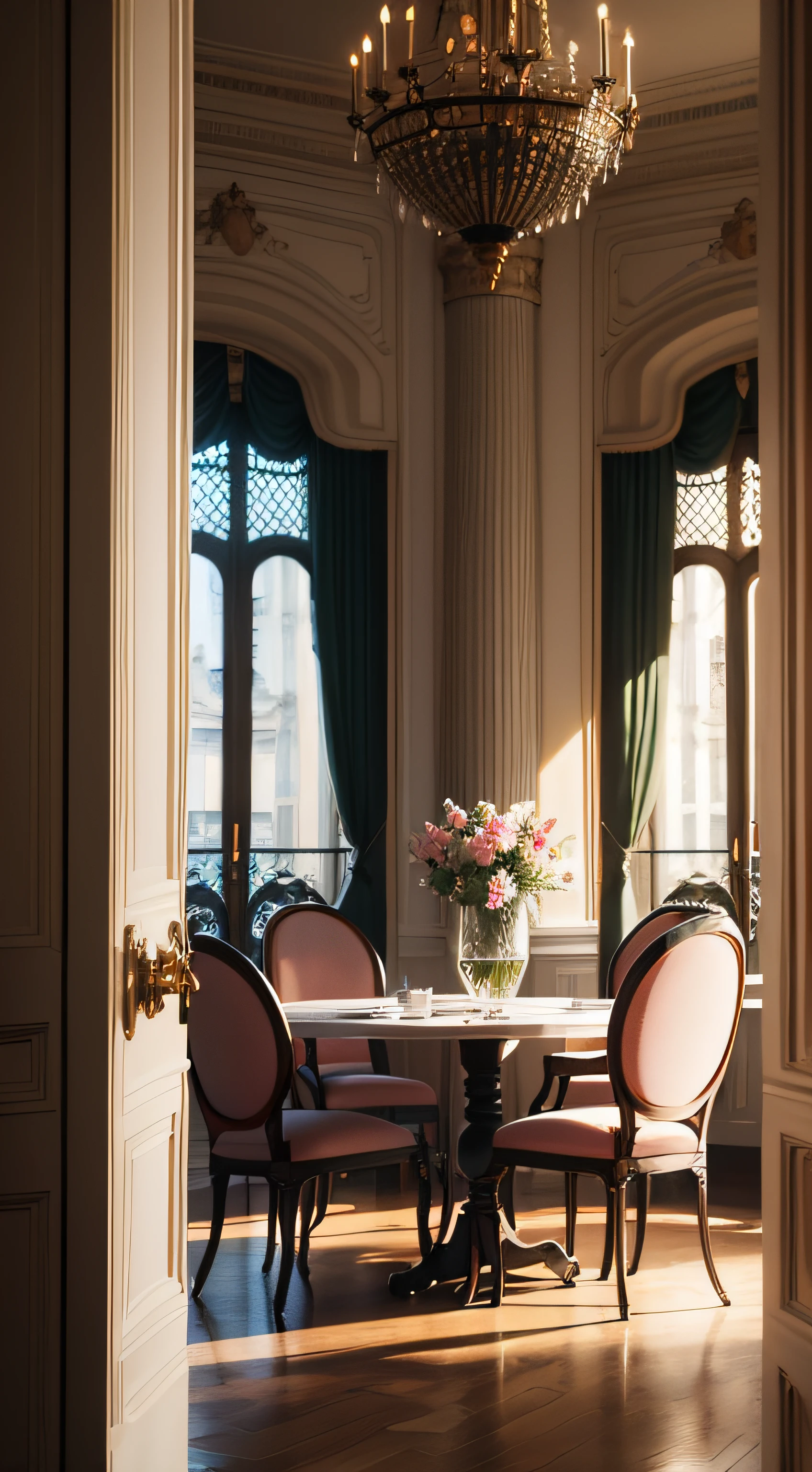 Interior space of a romantic and classic Parisian dining room decorated with many flowers, with several classic tables and chairs, Manteles elegantes con arreglos florales de varios colores en las mesas, Art Deco atmosphere with a large window through which you can see a tree and the Eiffel Tower, Elegant atmosphere, Muchos detalles, Lumion 8K Render, Renderizar la arquitectura del motor irreal, Muchos detalles, Romantic cinematic lighting in warm tones, Image in the style of an impressionist oil painting, Mucho, Manet Cézanne,