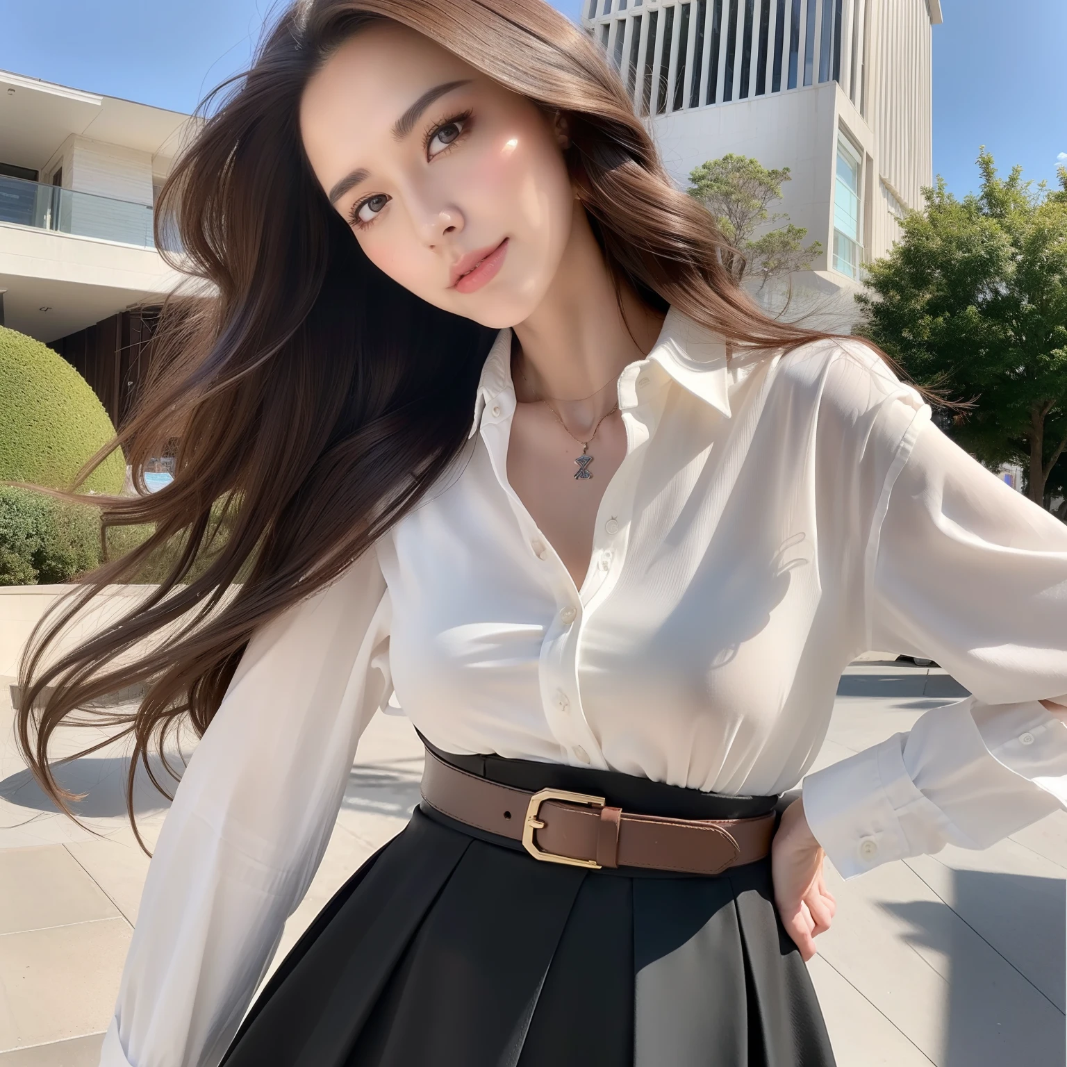 (Best quality, High resolution, Masterpiece :1.3), A tall and pretty woman, Slender abs, Dark brown hair styled in loose waves, Breasts, Wearing pendant, White button up shirt, Belt, Black skirt, (Modern architecture in background), Details exquisitely rendered in the face and skin texture, Detailed eyes, Double eyelid