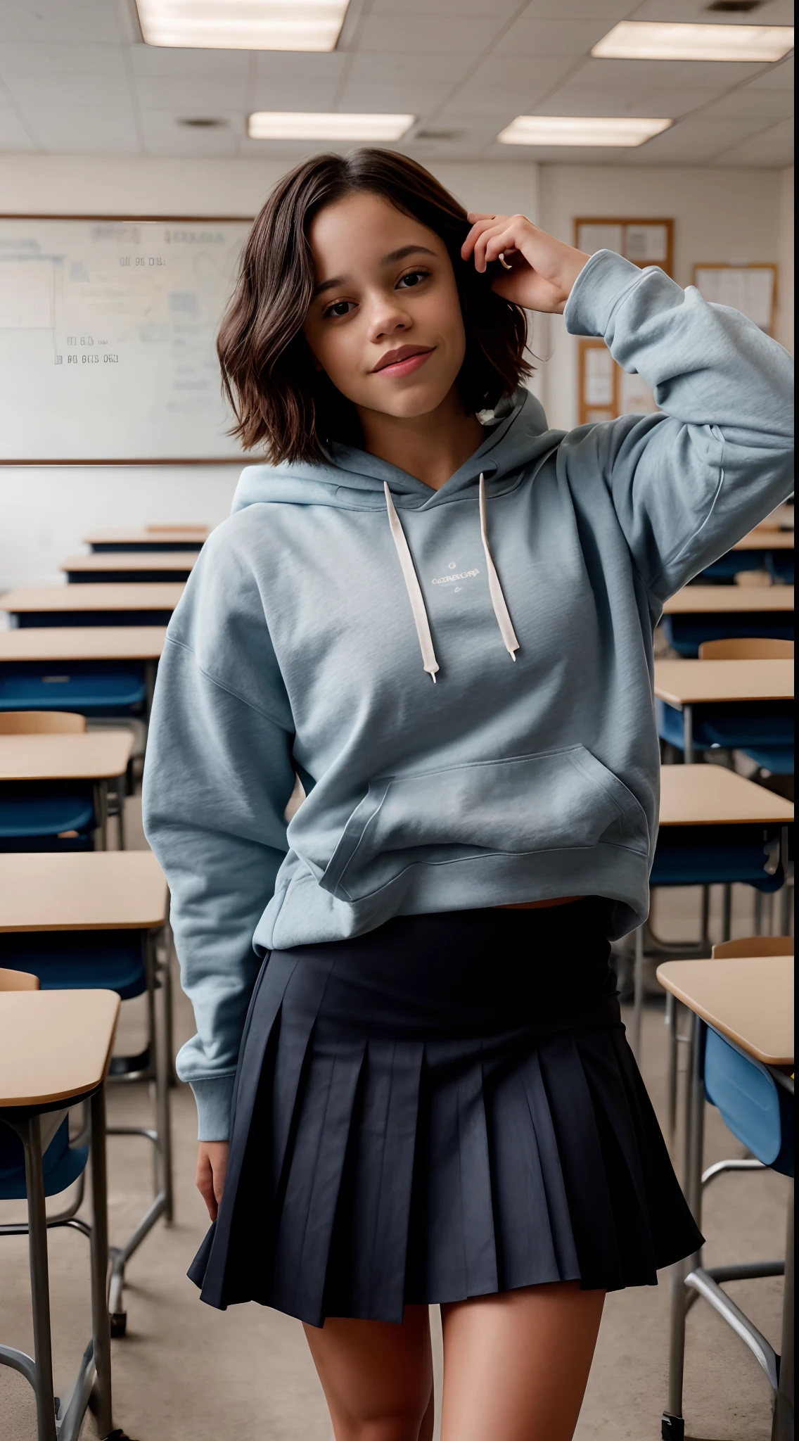 Photo of Jenna Ortega in a hoodie, pleated_skirt, exposed_genitalia, alone, blue eyes, reverse bob haircut, hyper detailed, Looking at Viewer, Hourglass Body, muscular, cozy atmosphere, classroom, photography, Photo Session, Captured by Panavision Panaflex Platinum Camera with Panavision Primo Primes Spherical Lens 50mm T1.9