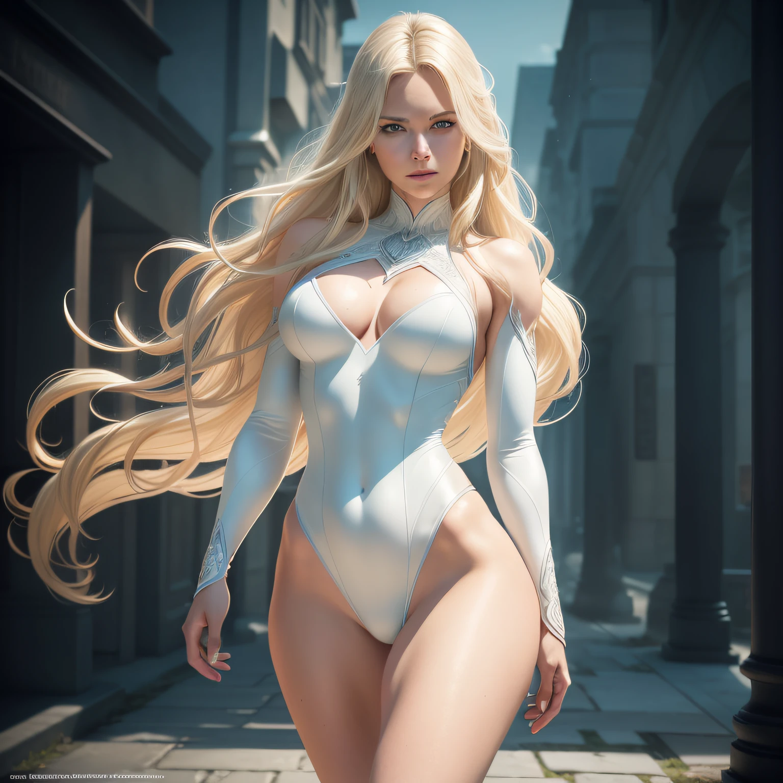 full body portrait photo of Emma Frost of 26 years is a beautiful woman, semi-open strawberry lips, dimples, beautiful green eyes,wistful look, (long wavy blonde hair), ((detailed face)), ((detailed facial features)), (finely detailed skin), pale skin,sexy ,modern environment, extremely detailed bodysuit,((on the way out of town), soft natural light,(cold colors), (masterpiece) (perfect aspect ratio), (realistic photo), (best quality), (detailed) (cinematic lighting) (dramatic lighting) (sharp focus) (intricate), 8k uhd, dslr, high quality, extremely detailed, photorealistic, realistic, incredibly absurd, highly detailed, sharp focus, Dramatic lighting, Cinematic lighting,Soft natural lighting, Soft color, (Beautiful eyes), (Detailed eyes), (Detailed face), symmetrical eyes, sharp eyes, cold face, full body), (HIGH LEVEL OF DETAIL),(athletic body), thin waist, large breasts, , high detailed skin, uncharacterized texture, hyper detailed, realistic skin texture, armor, best quality, ultra high res, (photorealistic: 1.6) high resolution, detailed, sharp and rich colors, hyper realistic texture, unreal engine dramatic lighting, veins in body, (fitness body).,thin waist,picture-centered