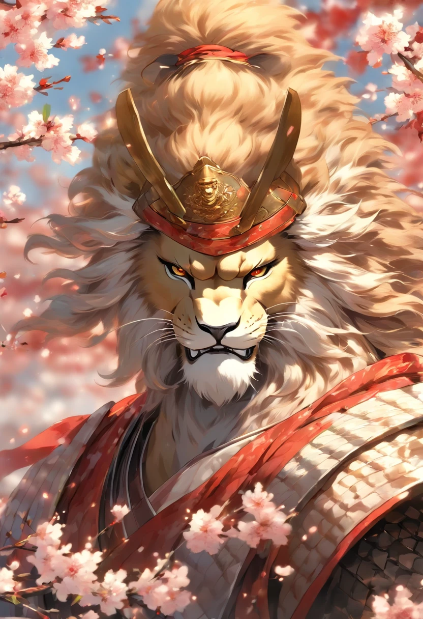 A brave and noble lion samurai warrior, wearing highly detailed white samurai armor, wearing a sashimono war flag on his back, sengoku period, highly detailed background, cherry blossoms blowing in the wind, perfect masterpiece, high quality, high resolution