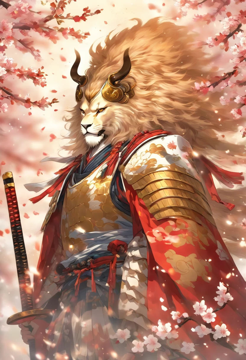 A brave and noble lion samurai warrior, wearing highly detailed white samurai armor, wearing a sashimono war flag on his back, sengoku period, highly detailed background, cherry blossoms blowing in the wind, perfect masterpiece, high quality, high resolution