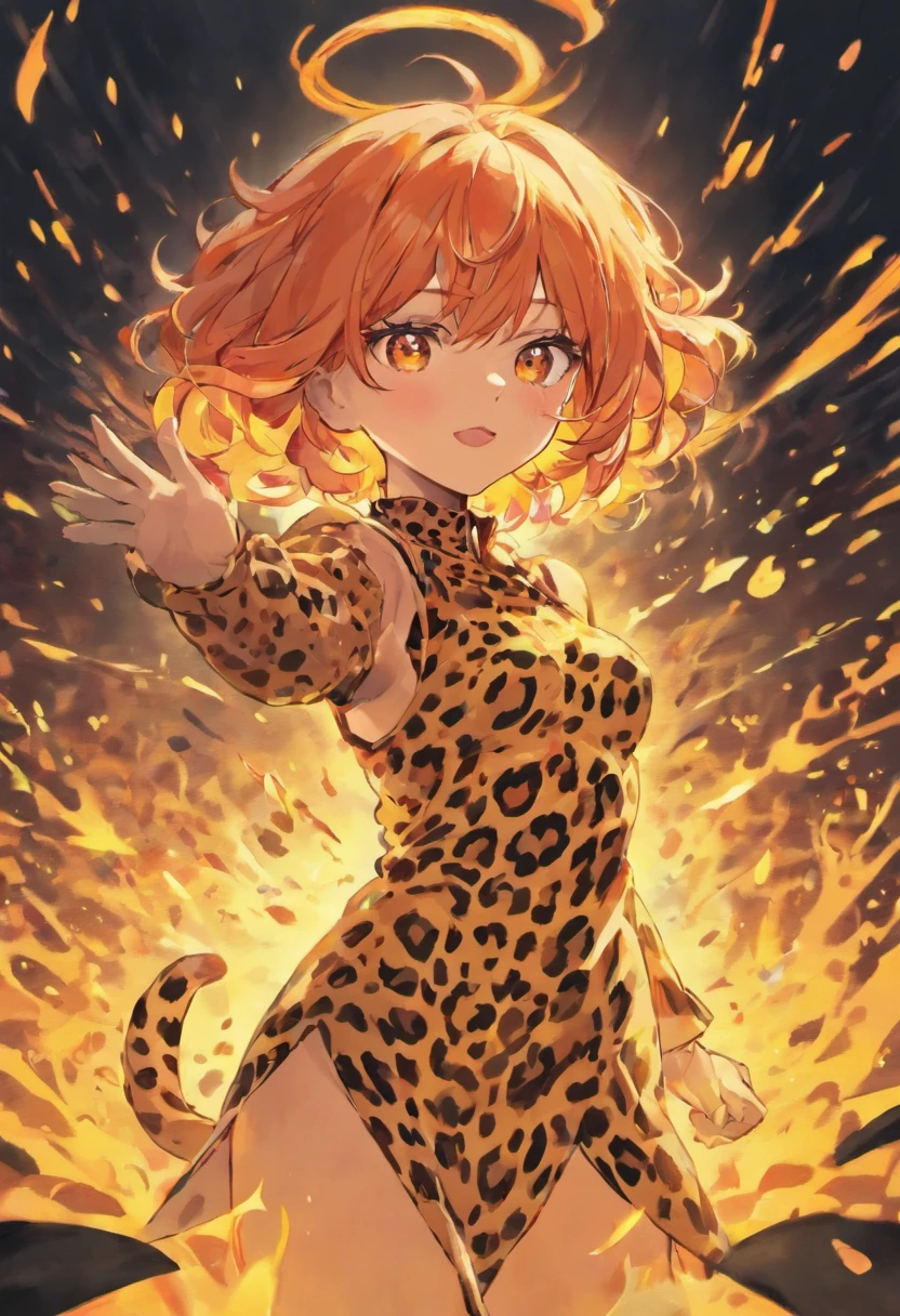 A adult woman with orange hair and fiery aura,leopard ears, leopard paws, and leopard tail