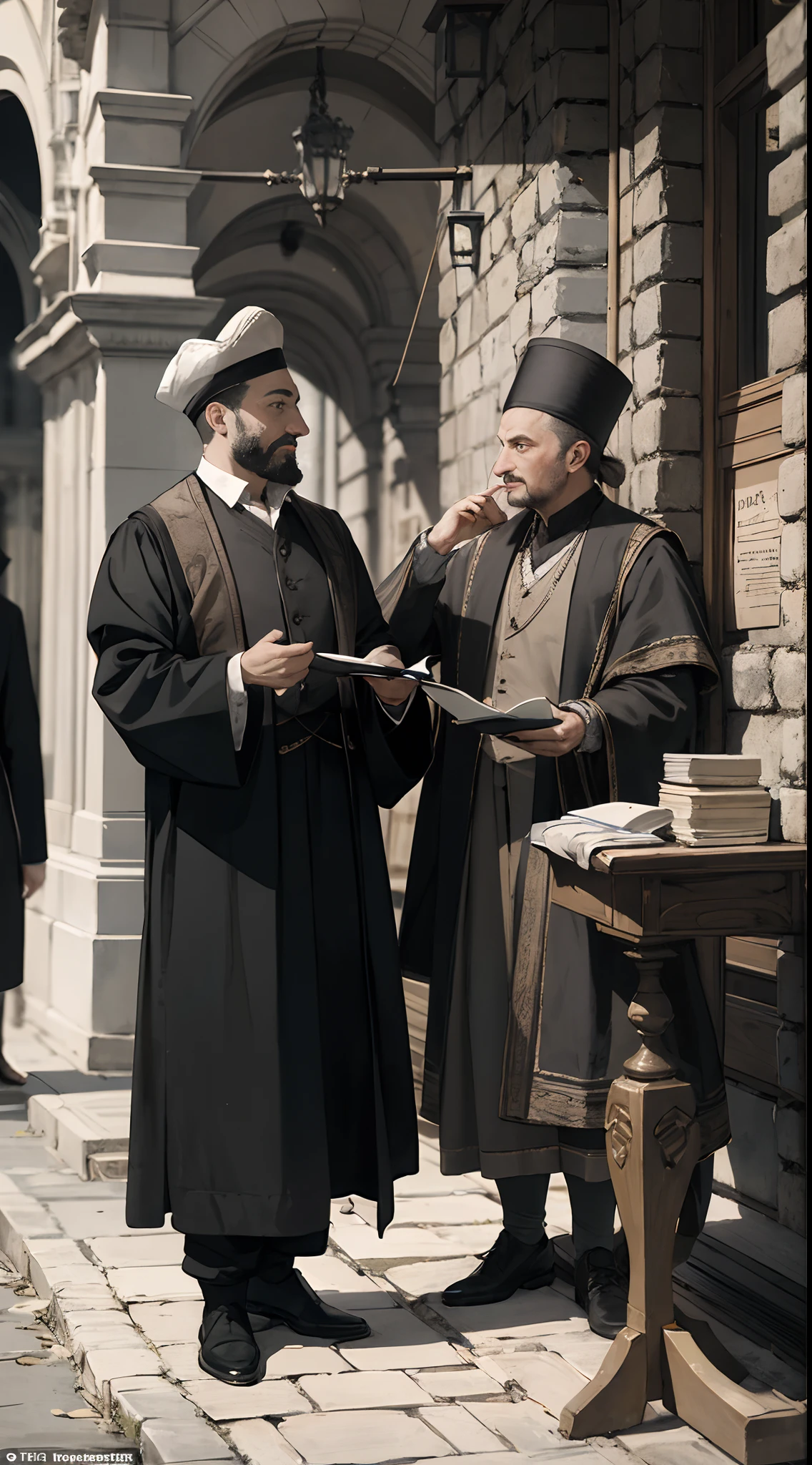 A 17th century ottoman official receiving bribe from an European merchant while looking the other way pretendingly and suspiciously