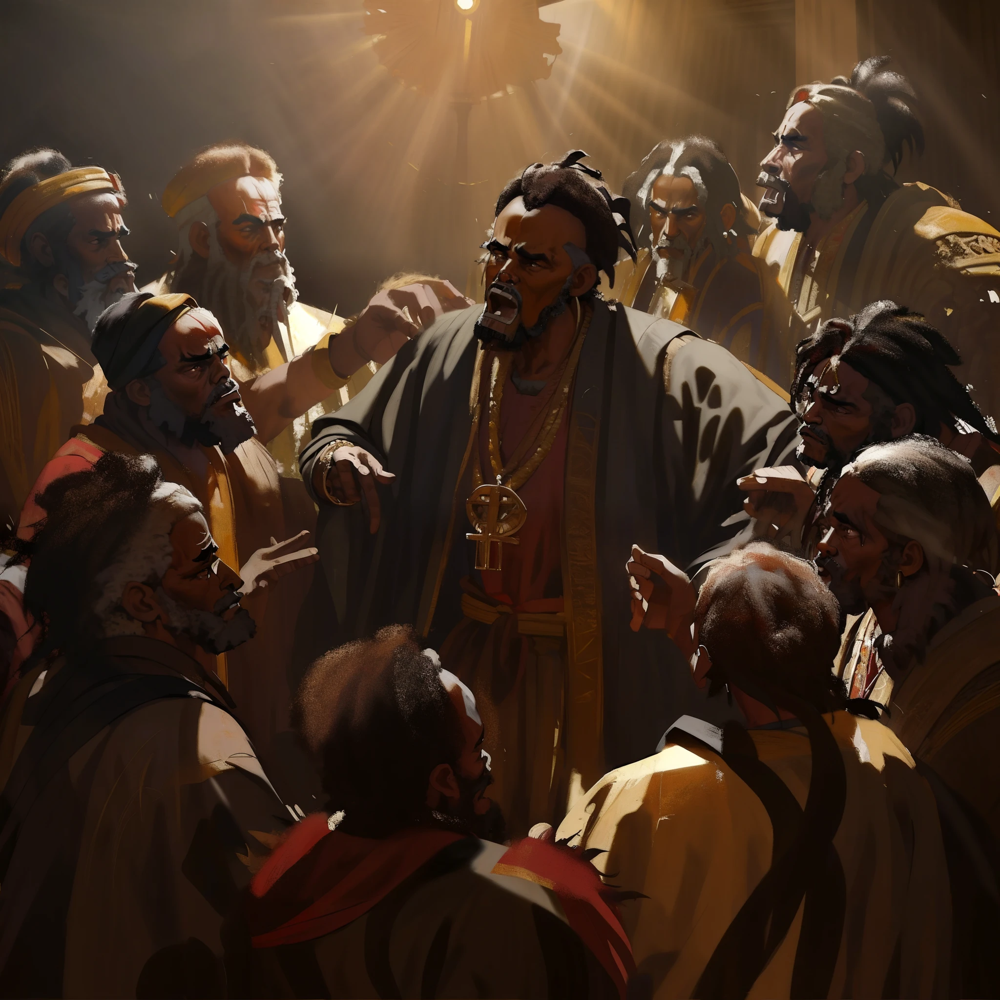 Group of black ((Angolan)) African men, in typical African clothes, Arguing, angry, tense faces, Chaotic atmosphere, place with Athens school style architecture, panoramic image, cinematic, Dark lighting, rays of light, 1800s, Symbolism African.  Raphael High Renaissance, Michaelangelo's style, academic painting, Renaissance art style, by Raphael, Fresco painting, Renaissance painting style, neoclassical painting.