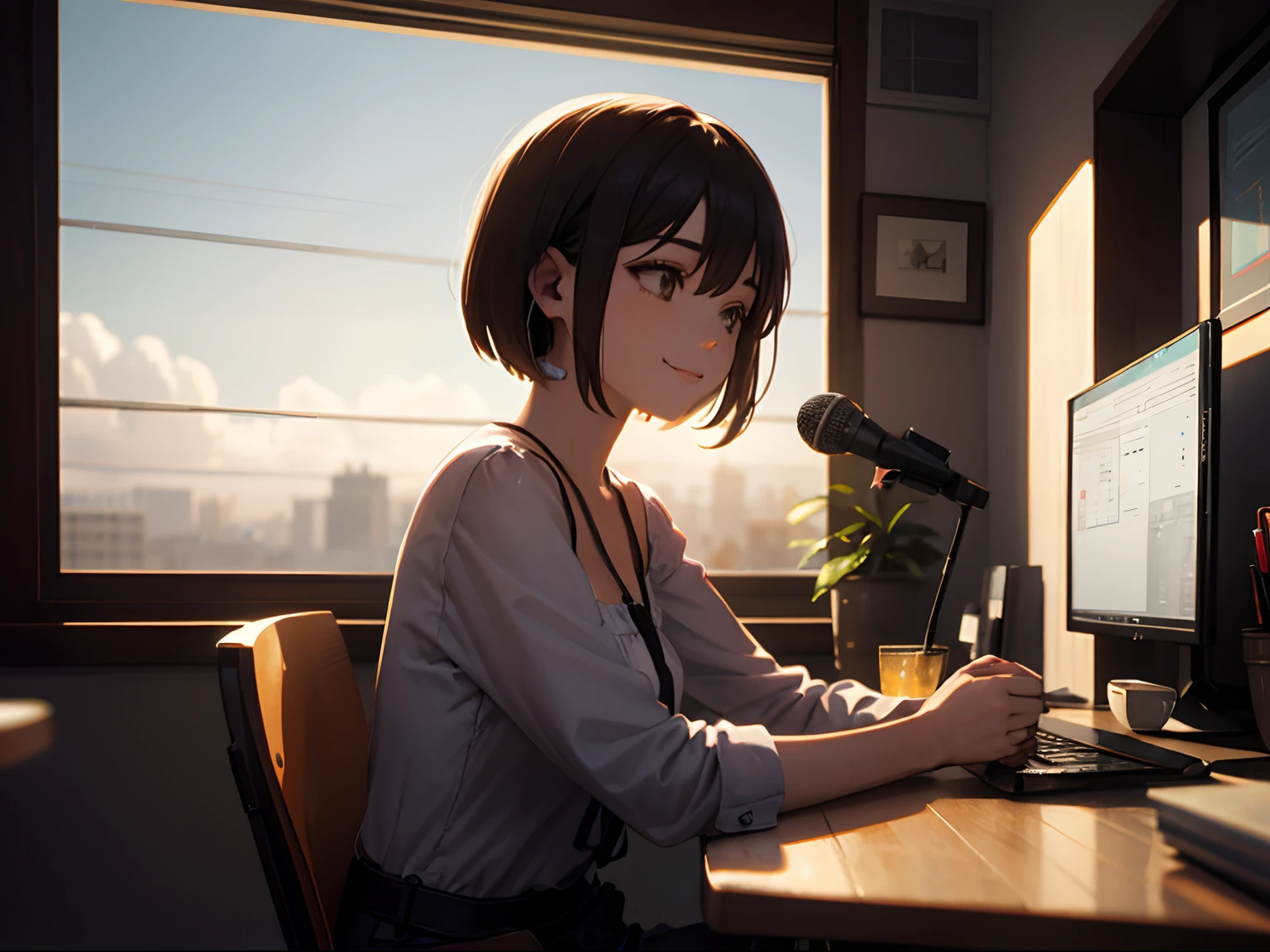 (Cinematic Digital Artwork: 1.3), High quality, masutepiece, of the highest quality, Super Detail, illustratio 、Cafes in the city、Note PC、Front of computer、Very short pixie shorthair、Speak with earphone microphone, Realistic, Full-HD, 。.。.。.。.。.。.3D, 4K 、A smile