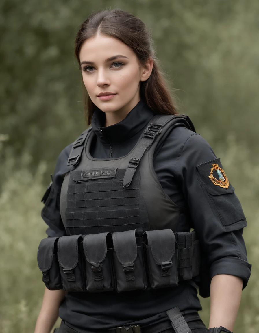 full body, A Navy SEAL girl. Clad in a sleek black tactical uniform and donning combat gear. Wears a only tactical vest adorned with ammunition and equipment pouches. He embodies the qualities of a highly trained and skilled warrior
