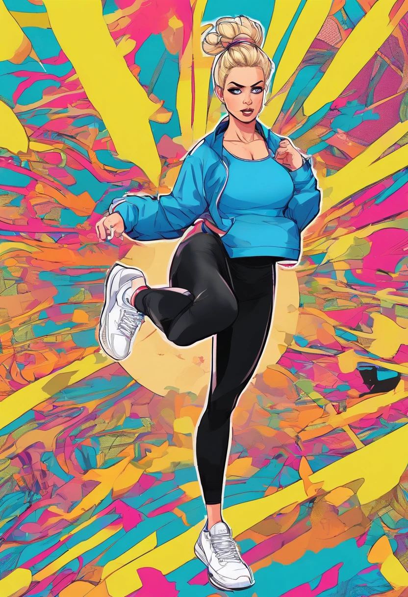 Blonde, (messy bun), (tight black leggings), black sports bra), round boobs, blue eyes, (white socks on top if leggings, nike trainers)