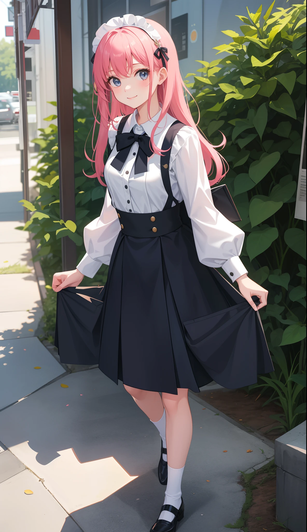 1girl in、AS-Adult、A smile、The shirt、skirt by the、(small tits)、doress、pinafore、hair adornments、(Maids)、Walking with a thigh、Upper body portrait、