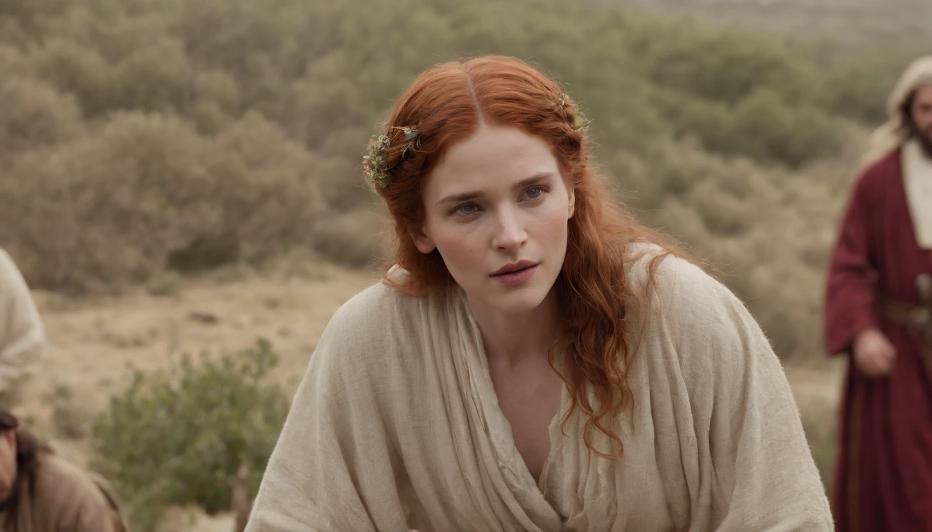 (melhor qualidade: 1.4), (Ultra Highres: 1.2), (fotorrealista: 1.4), (8k, Foto RAW: 1.2).The description of the Samaritan red-haired woman's physical appearance is not detailed in the biblical narrative, But her Samaritan background suggests she probably had similar traits to other people in the region. No historical-cultural context, The story of the Samaritan woman is set during a period of ethnic and religious tensions between Samaritans and Jews. His encounter with Jesus at Jacob's well highlights the message of spiritual equality and the importance of faith over cultural differences.