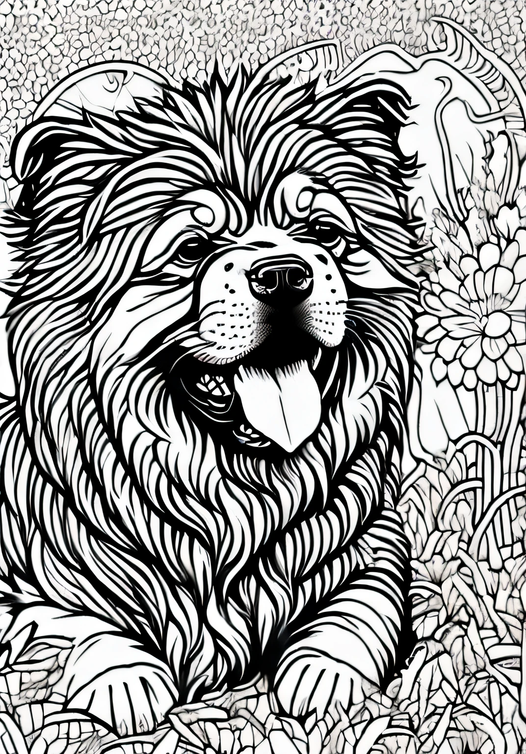 Coloring book of a dog Chow Chow with tongue out, estilo dos desenhos animados, linhas grossas, sem cor, fundo branco, Apenas linhas, imagem sem preenchimento de cor