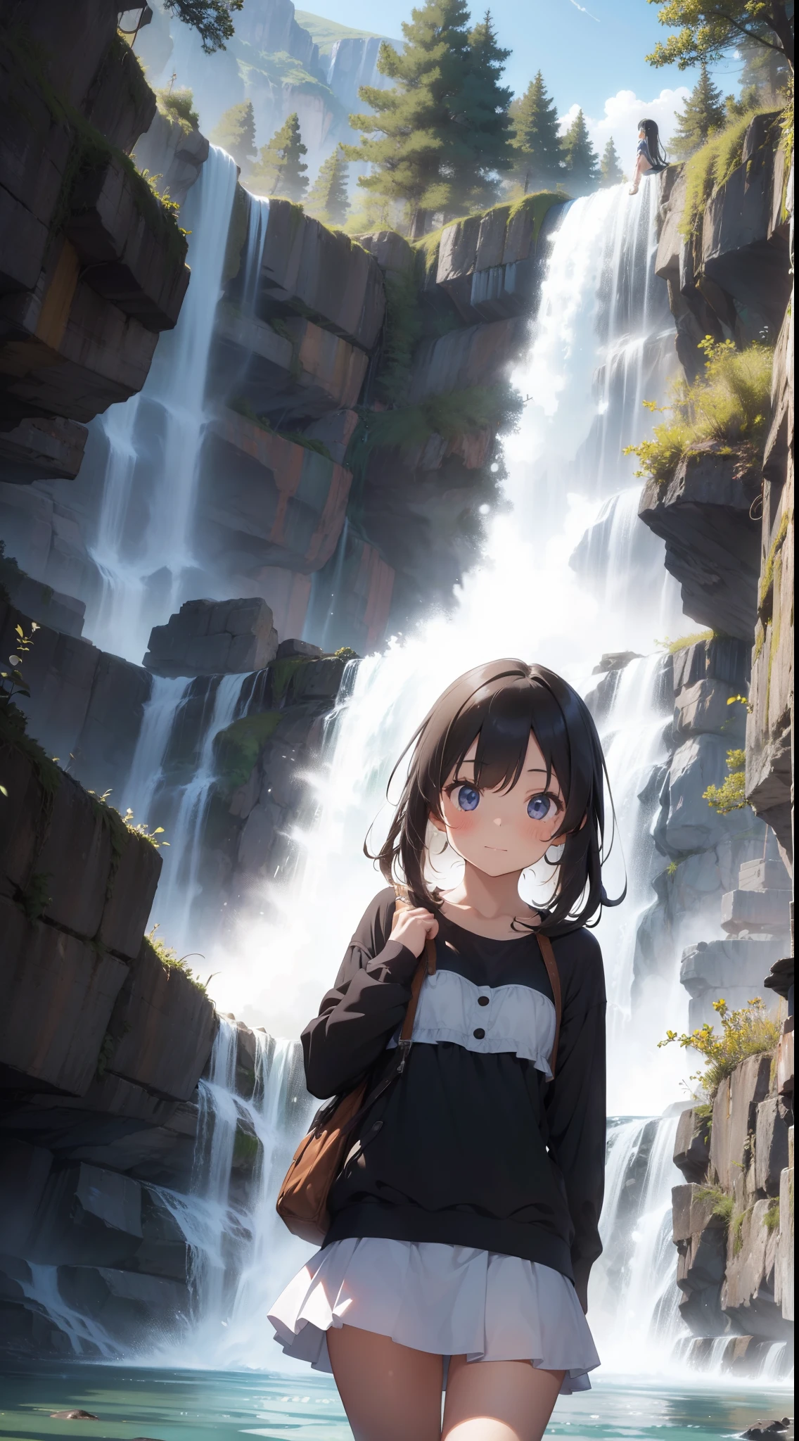 Cute girl, amazing landscape, nature, waterfall