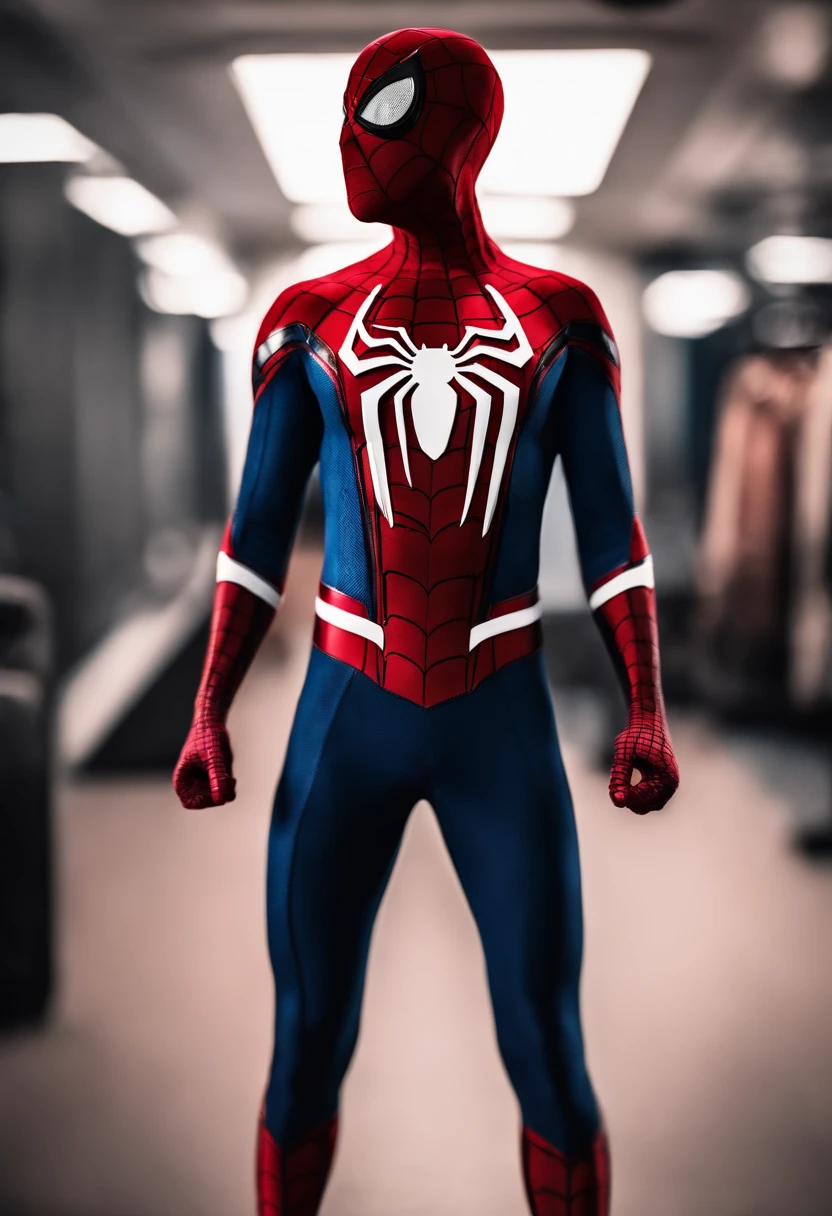 spiderman MCU advanced red and blue suit with white long spider symbol with mcu black and white small movable eyelences
