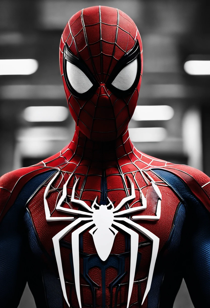 spiderman MCU advanced red and blue suit with white long spider symbol with mcu black and white small movable eyelences