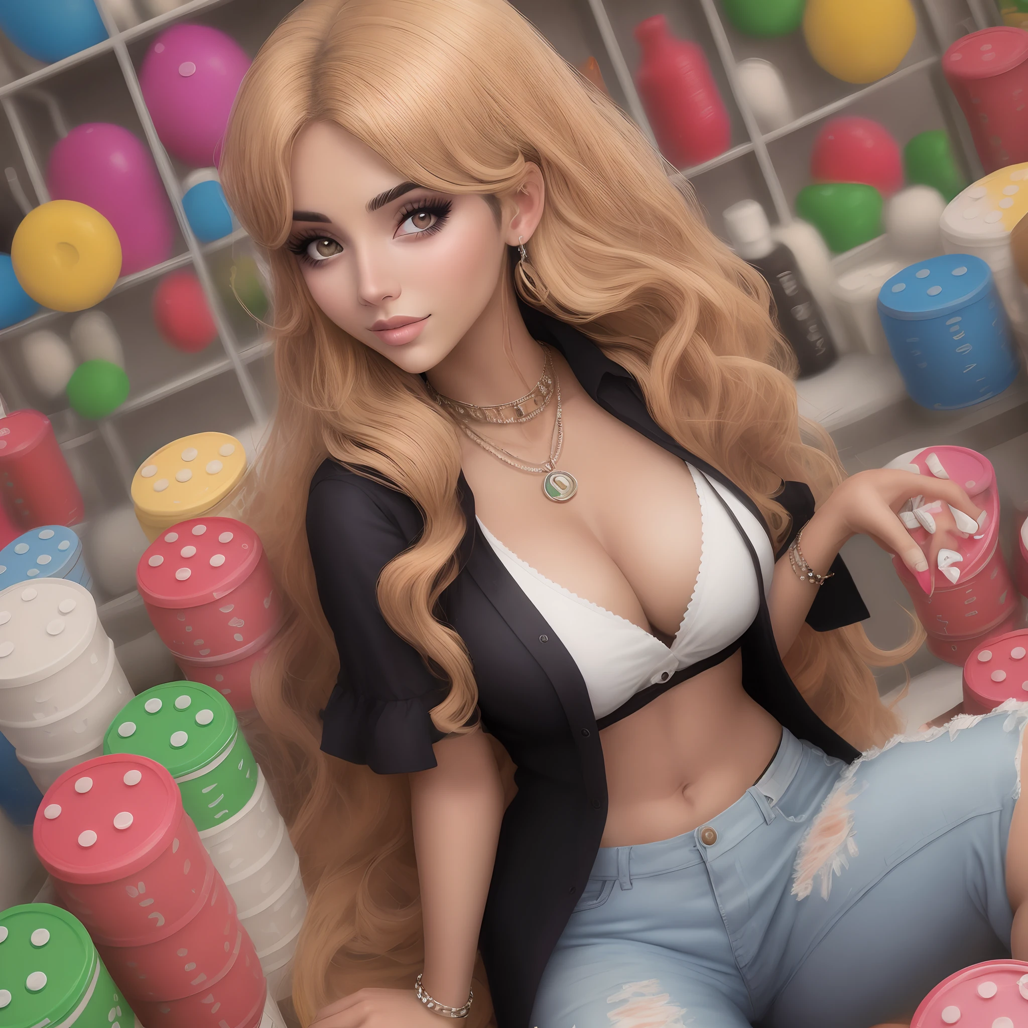 Una linda chica venezolana con cartones de bingo y accesorios del bingo