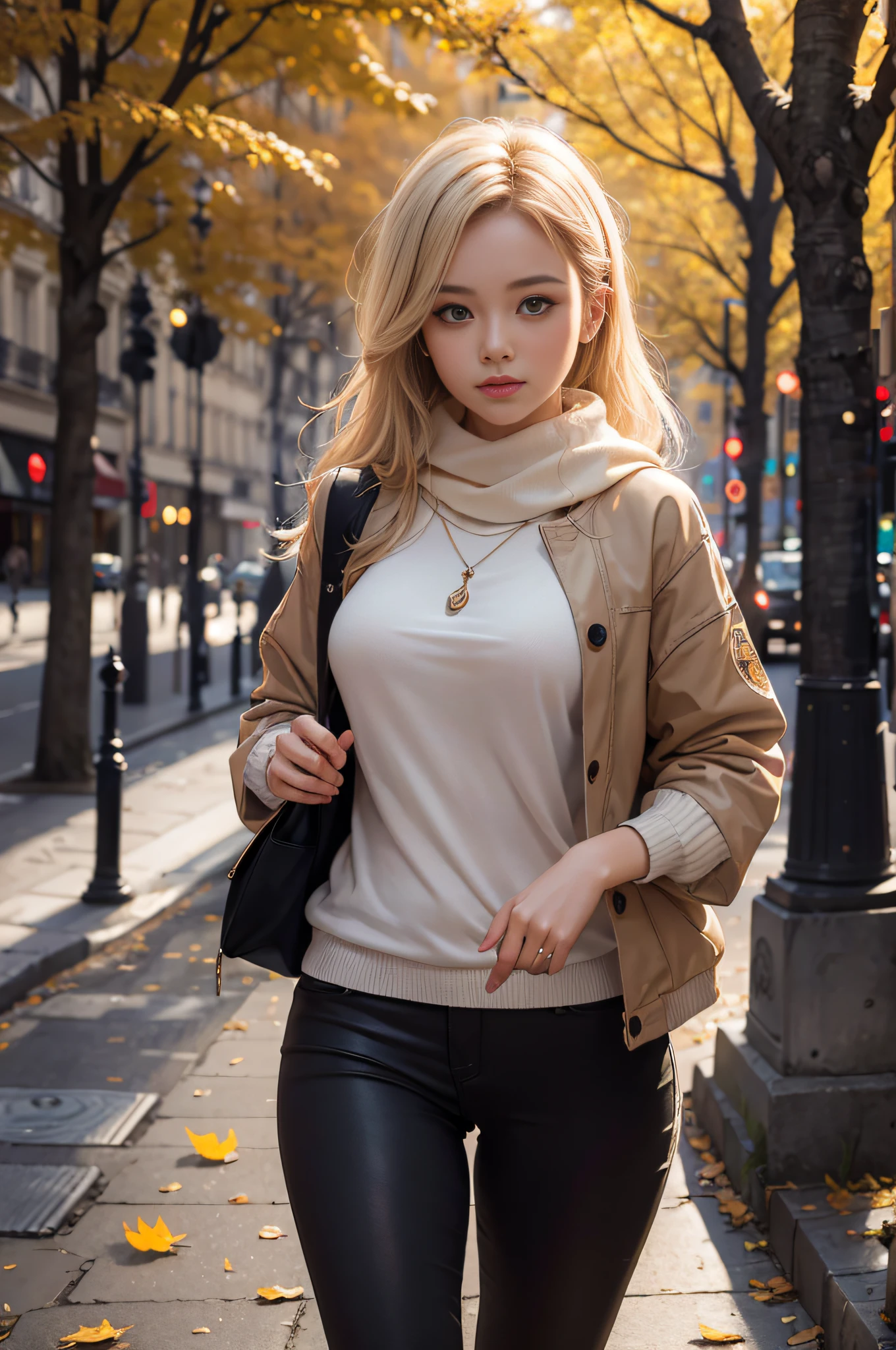 fotografia , master part ,Ultra realista, Hiper realista, hiper detalhe, 8k, Nas ruas movimentadas de Paris, 1 mulher cativante com olhos radiantes e luz dourada , His eyes glow like city lights reflecting a blanket of fallen leaves from trees, Its light hazelnut hue captures the essence of the autumn day. Envolto em roupas de outono, exudes a sense of resilience and determination, their presence illuminating the urban landscape decorated by these trees with their yellowish foliage.