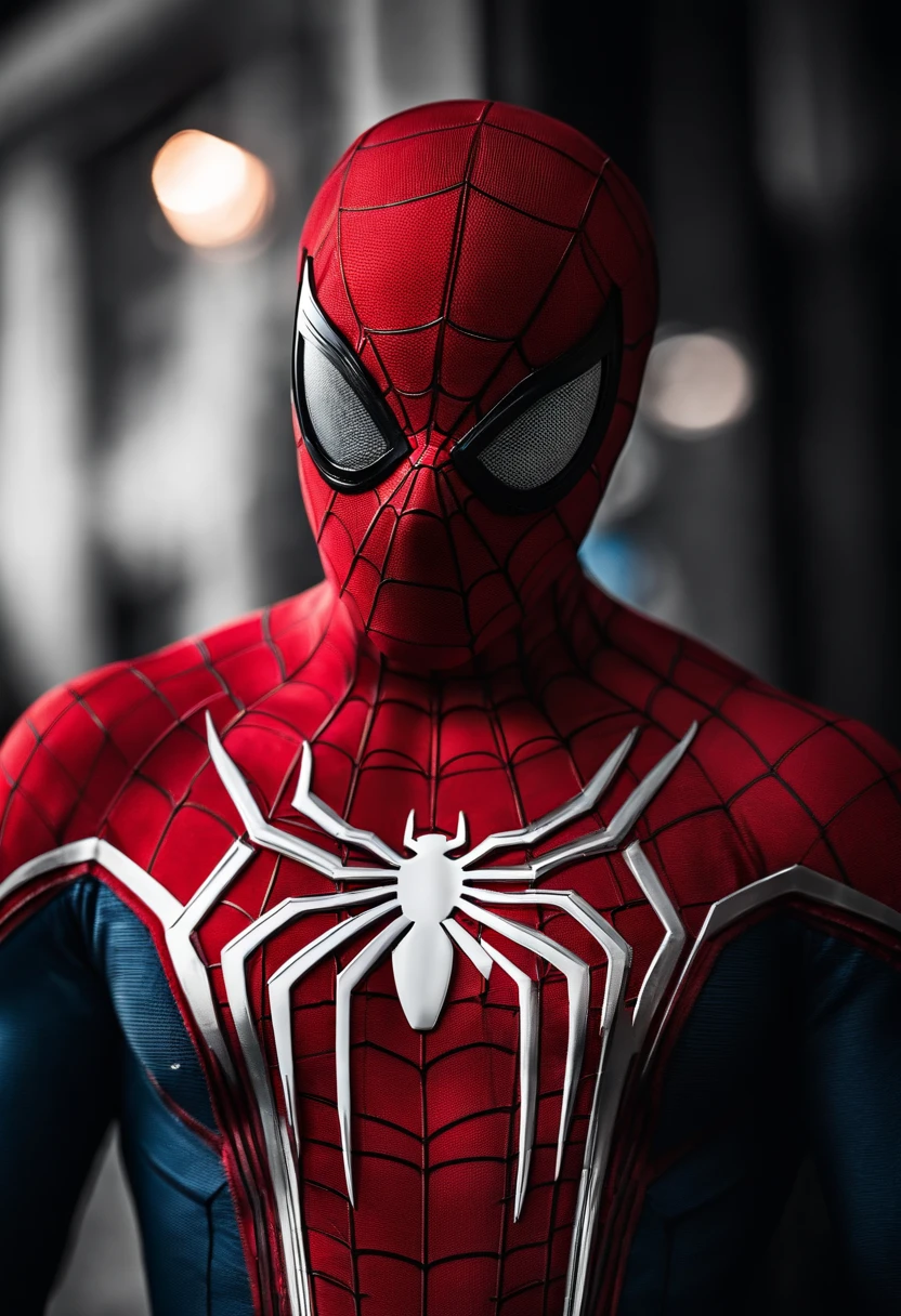 spiderman MCU advanced red and blue suit with white long spider symbol with MCU black and white small movable eyelences