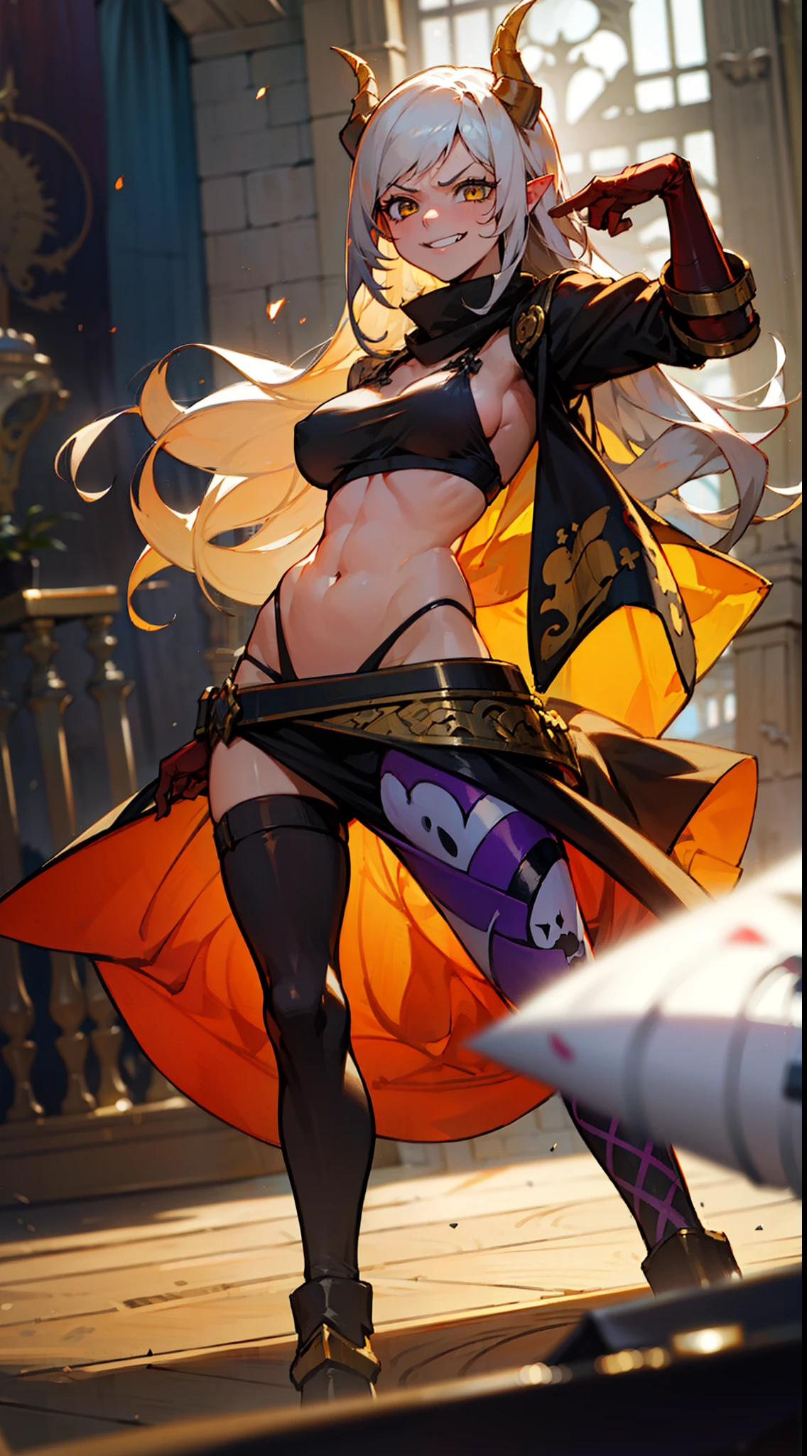 girl,brown skin, hidden arms,long hair, white hair,curly hair,yellow eyes,(((villain,psycho,villain smile, psychopath, angry))), medium boobs,show belly,gold armor outfit, black small shirt,long black stockings, detailed clothes, masterpiece, hyper realistic, high definition,black horns,black pantyhose,elves ears,yellow scarf,close-up,(((standing inside of a castle)))