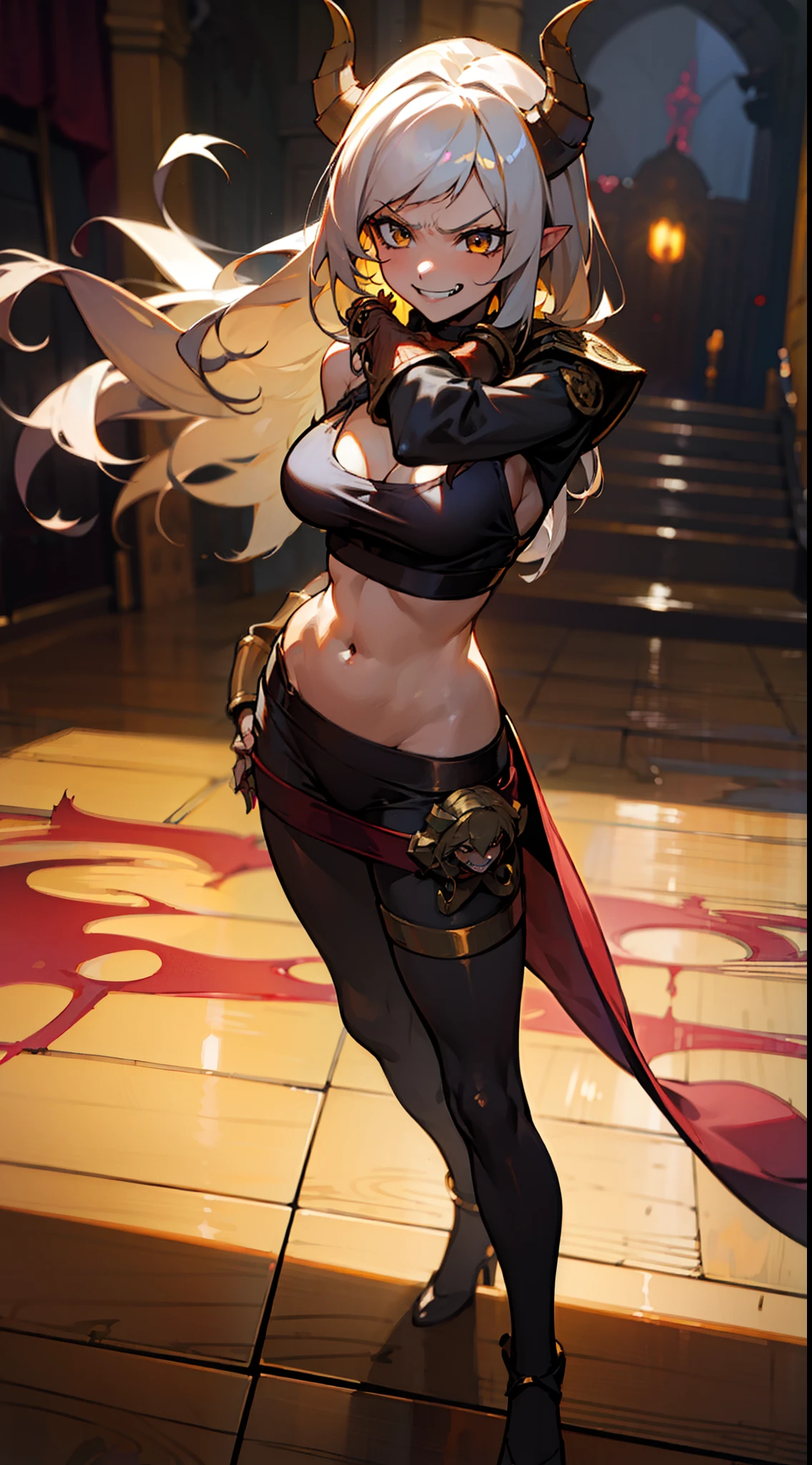 girl,brown skin, hidden arms,long hair, white hair,curly hair,yellow eyes,(((villain,psycho,villain smile, psychopath, angry))), medium boobs,show belly,gold armor outfit, black small shirt,long black stockings, detailed clothes, masterpiece, hyper realistic, high definition,black horns,black pantyhose,elves ears,yellow scarf,close-up,(((standing inside of a castle)))