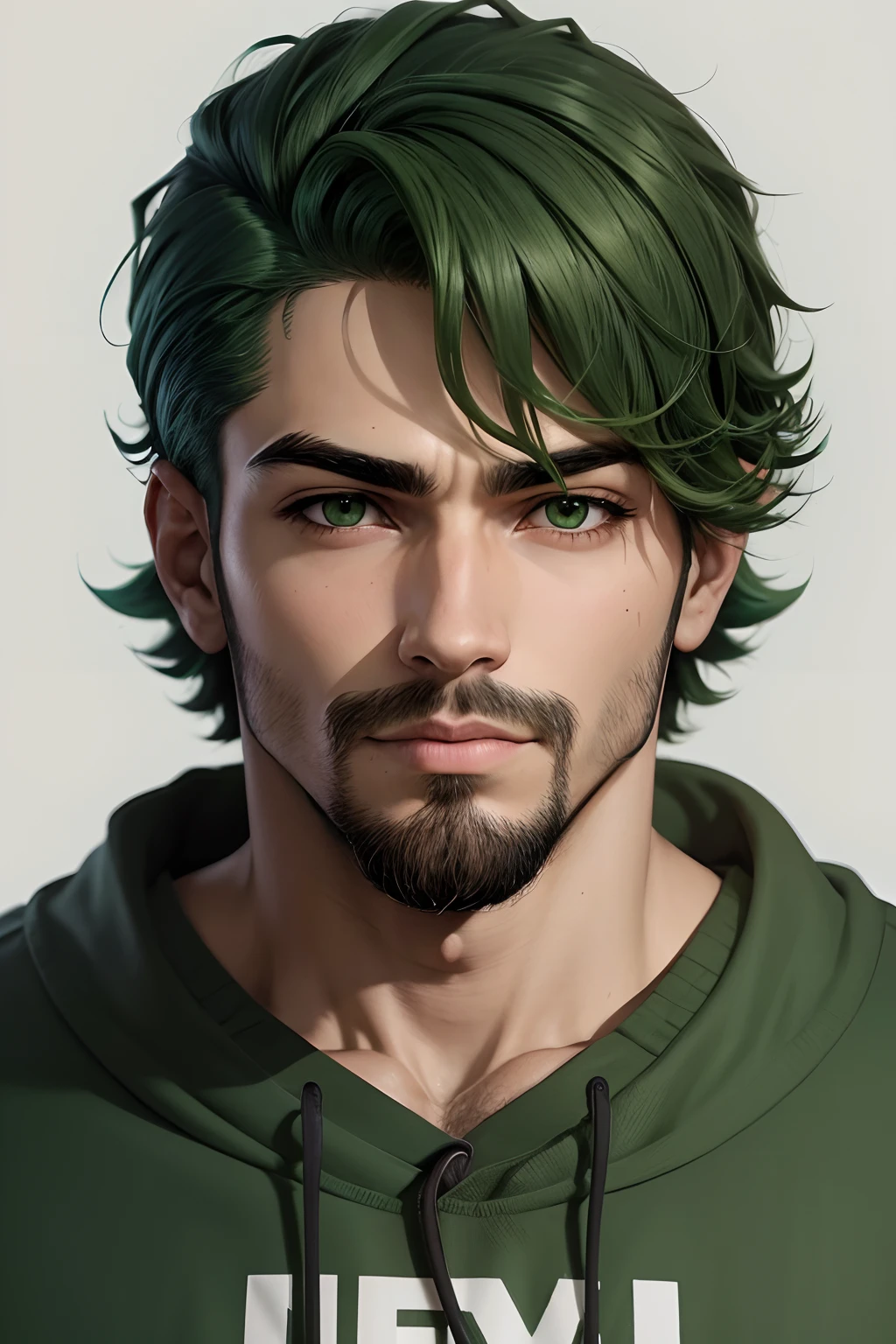 um homem de anime com, barba por fazer, cabelo e barba verde escuro e usando moletom fechado verde bem escuro, com um tosto mais redondo