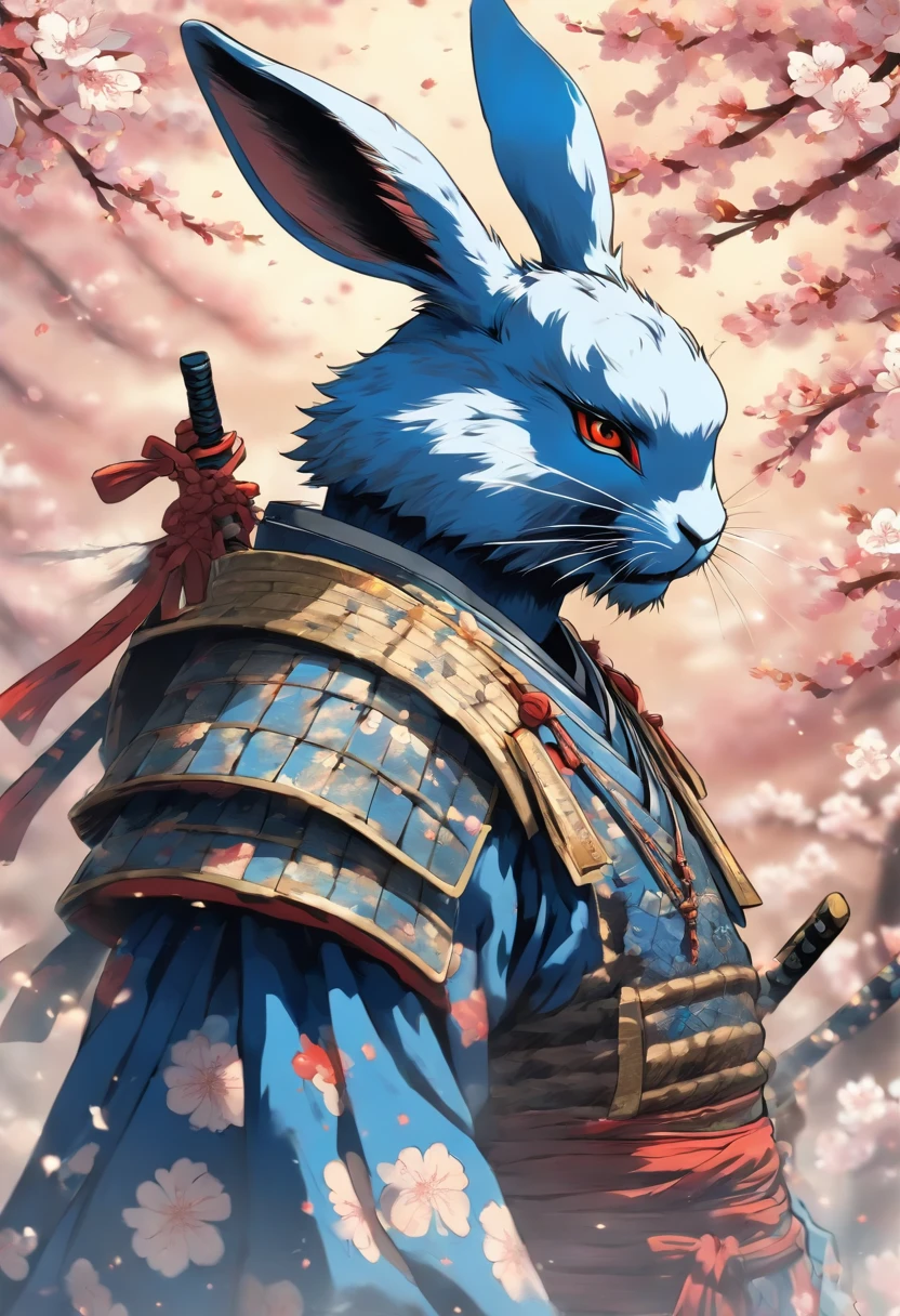 A brave and noble rabbit samurai warrior, wearing highly detailed blue samurai armor, wearing a sashimono war flag on his back, sengoku period, highly detailed background, cherry blossoms blowing in the wind, perfect masterpiece, high quality, high resolution