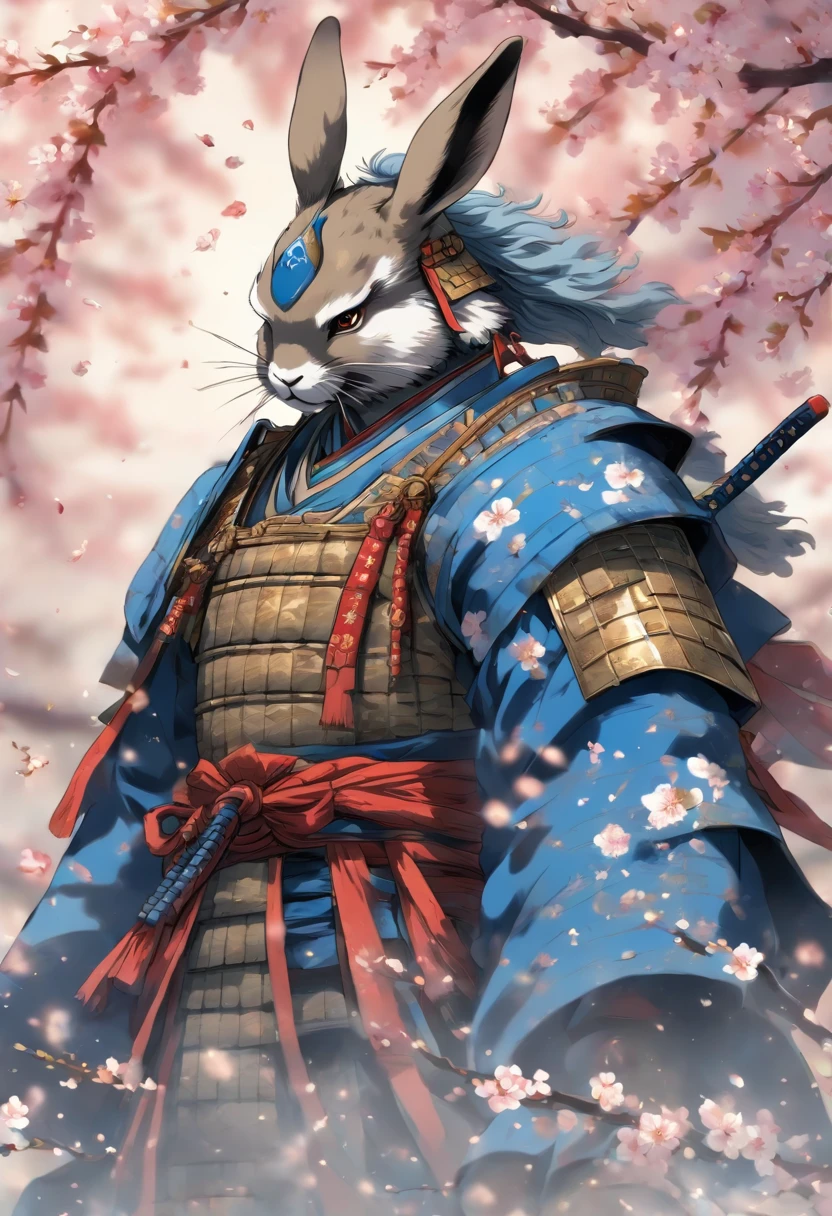A brave and noble rabbit samurai warrior, wearing highly detailed blue samurai armor, wearing a sashimono war flag on his back, sengoku period, highly detailed background, cherry blossoms blowing in the wind, perfect masterpiece, high quality, high resolution