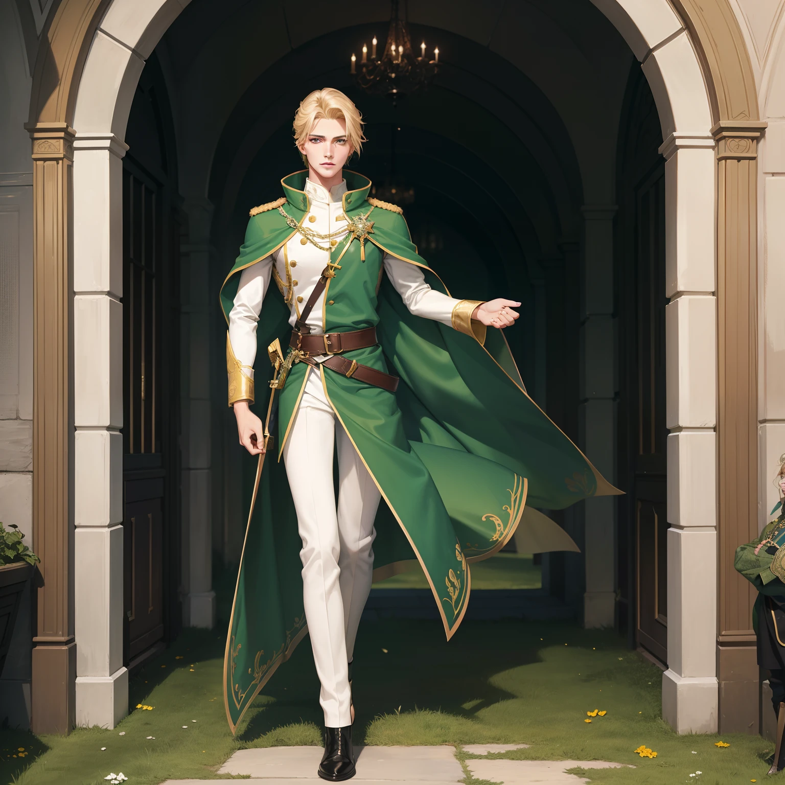 Neels Visser is a prince who has golden blond hair, wears a moss green medieval military outfit, looking straight ahead with a piercing emerald green gaze. full body with a sword at the waist