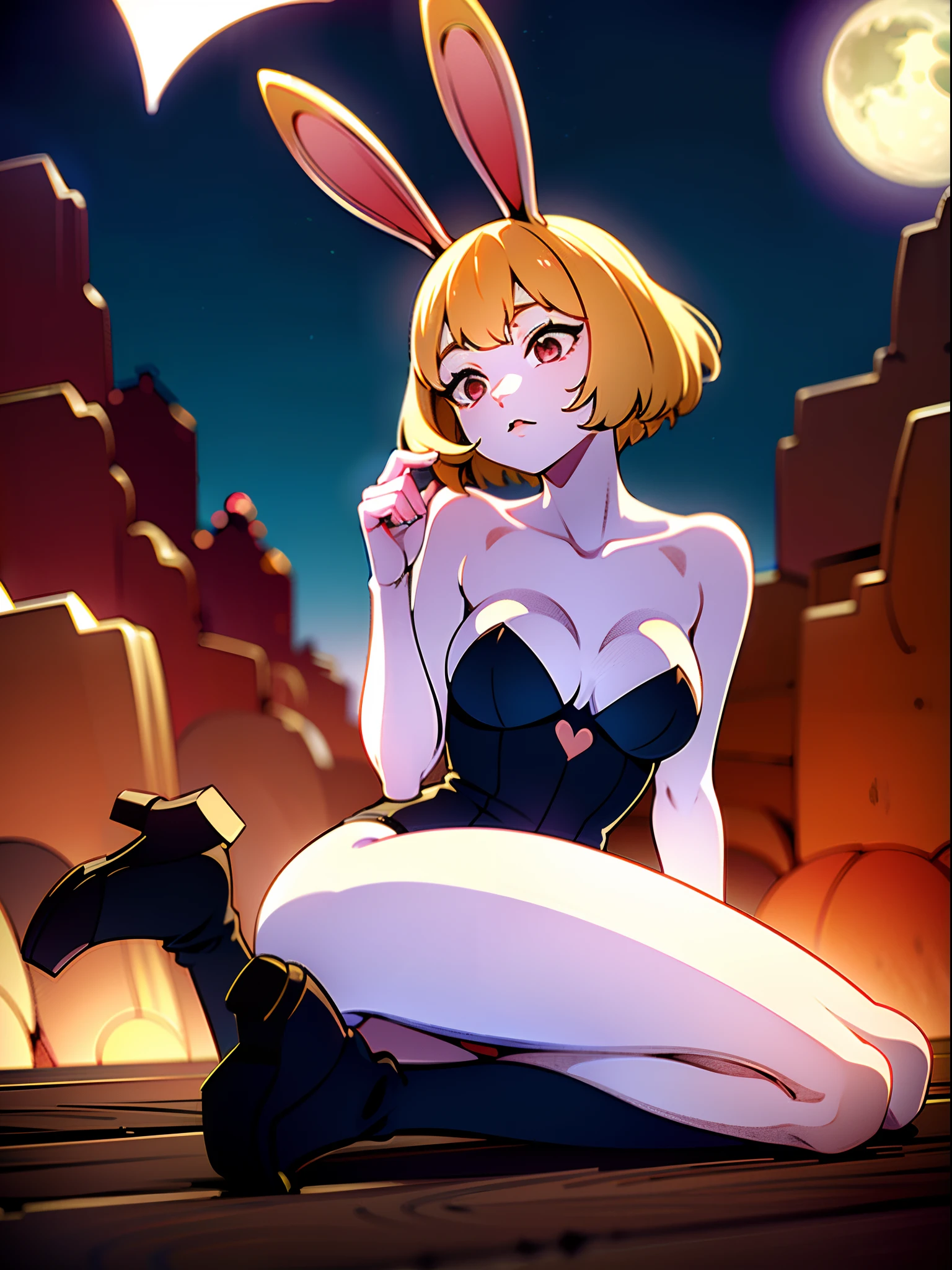 CarrotChan,bunny,white skin, short hair, blonde, completely ,looking up,moonlit night,full moon,full body,outdoors,(best quality,4k,8k,highres,masterpiece:1.2),ultra-detailed,sharp focus,soft lighting,moonlight blue tone, seductive pose, slim, small breast