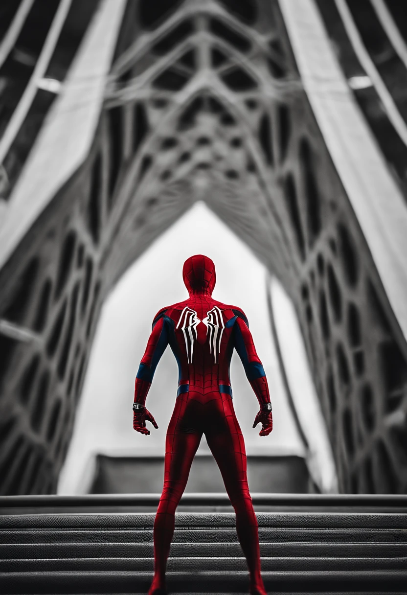 spiderman MCU no way home suit fused with  advanced red and blue suit with white long spider symbol with mcu black and white small movable eyelences