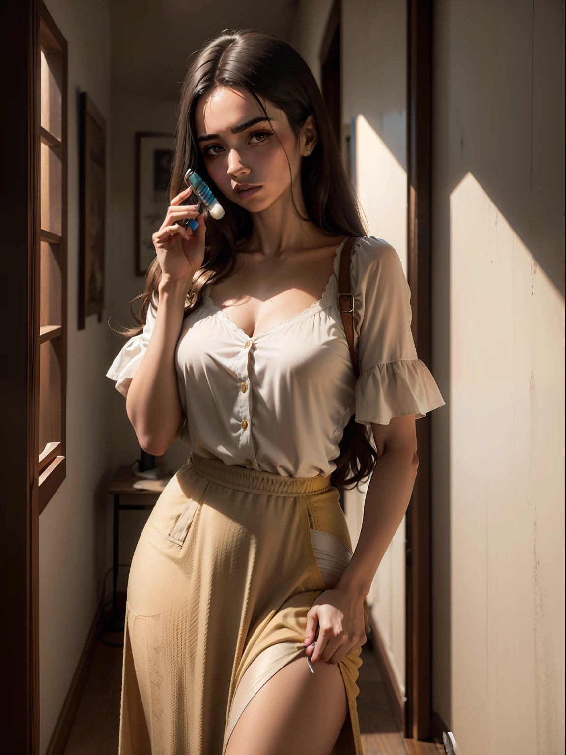 Mulher espantada(mulher admirada) mulher triste, holding a hairbrush in your hand, num quarto escuro, cabelo caindo, mulher calva