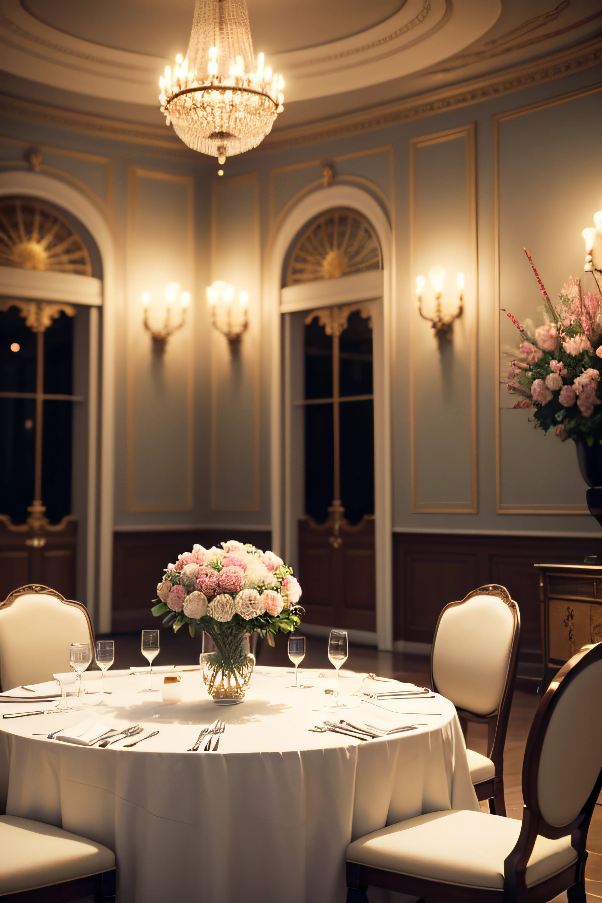 Interior space of a romantic and classic Parisian dining room decorated with (((muchas flores))), with several classic tables and chairs, Manteles elegantes con arreglos florales de varios colores en las mesas, Art Deco atmosphere with a large window through which to see a tree and the Eiffel Tower, Elegant atmosphere, Muchoos detalles, Lumion 8K Render, Renderizar la arquitectura del motor irreal, Muchoos detalles, Romantic cinematic lighting in warm tones, Image in the style of an impressionist oil painting, Mucho, Manet Cézanne,