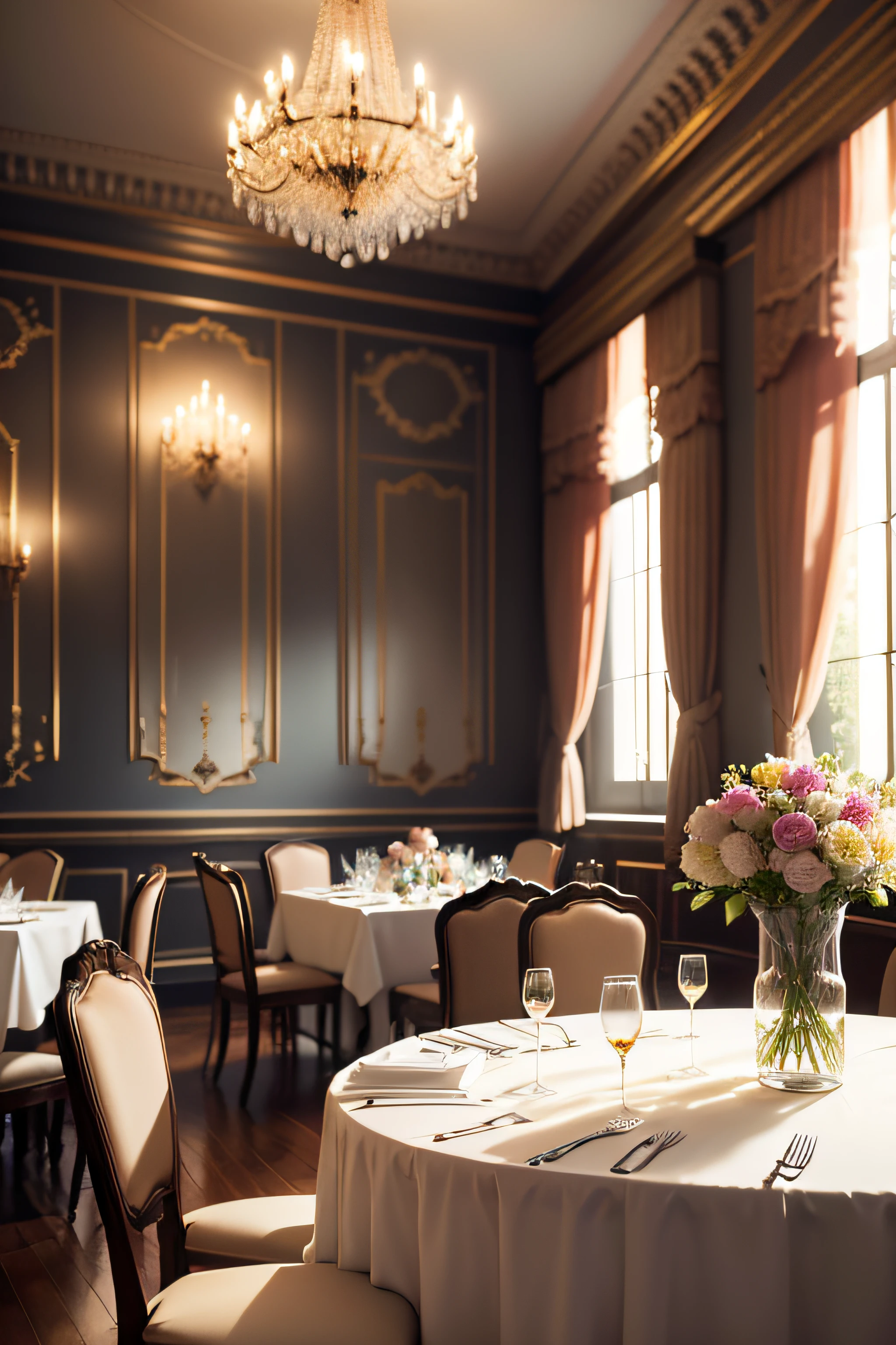 Interior space of a romantic and classic Parisian dining room decorated with (((muchas flores))), with several classic tables and chairs, Manteles elegantes con arreglos florales de varios colores en las mesas, Art Deco atmosphere with a large window through which to see a tree and the Eiffel Tower, Elegant atmosphere, Muchoos detalles, Lumion 8K Render, Renderizar la arquitectura del motor irreal, Muchoos detalles, Romantic cinematic lighting in warm tones, Image in the style of an impressionist oil painting, Mucho, Manet Cézanne,