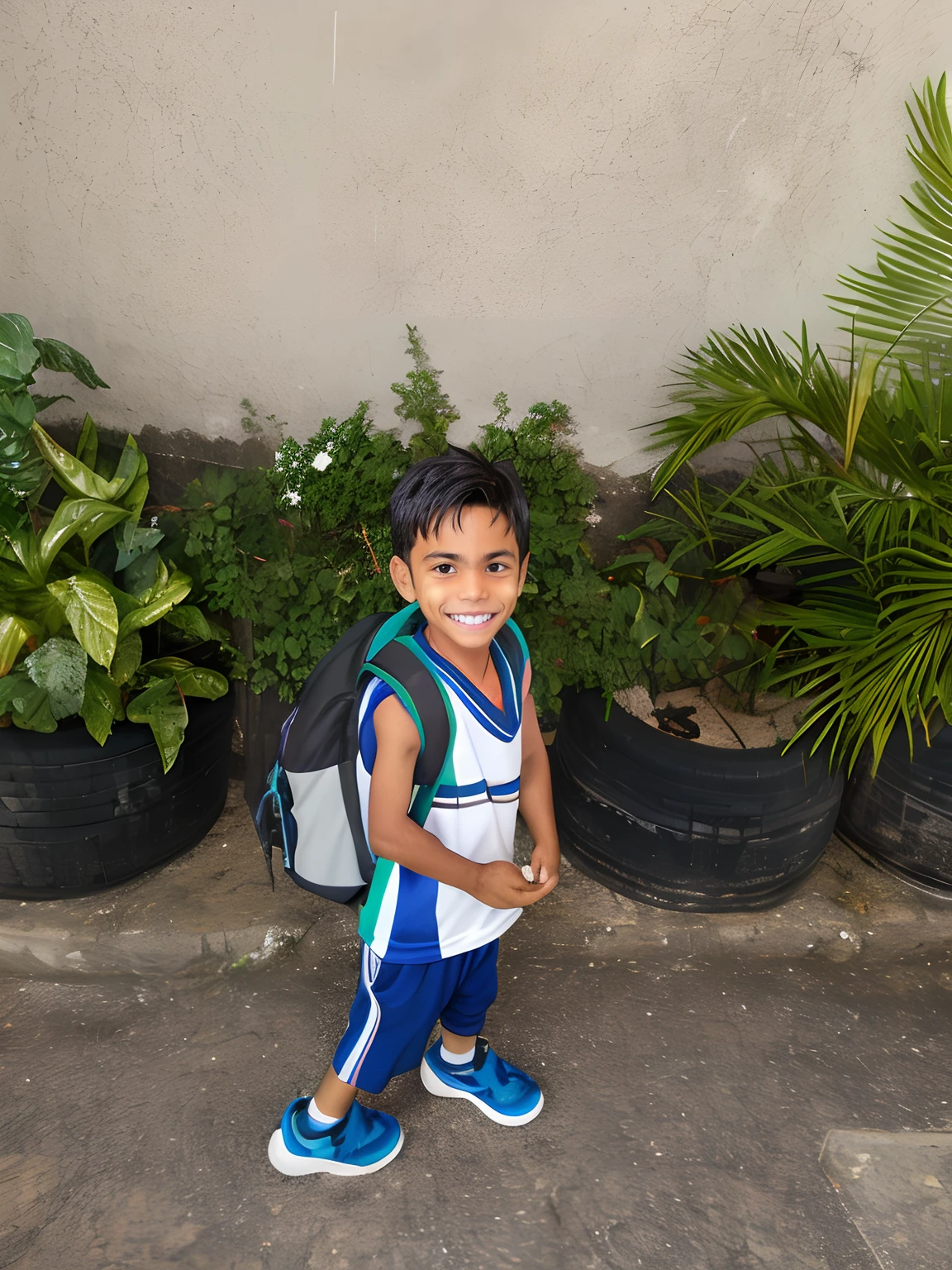 There's a boy in front of a wall with a backpack, cabrito, Diego 5, Directed by: Milton Menasco, Jose Miguel Romano Francisca, Alejandro, olhar alegre, quatro anos, caio santos, Raziel IRL, happily smiling at the camera, 2 anos, orgulhosamente andando pela rua, garotinho, com uma mochila, he's smiling