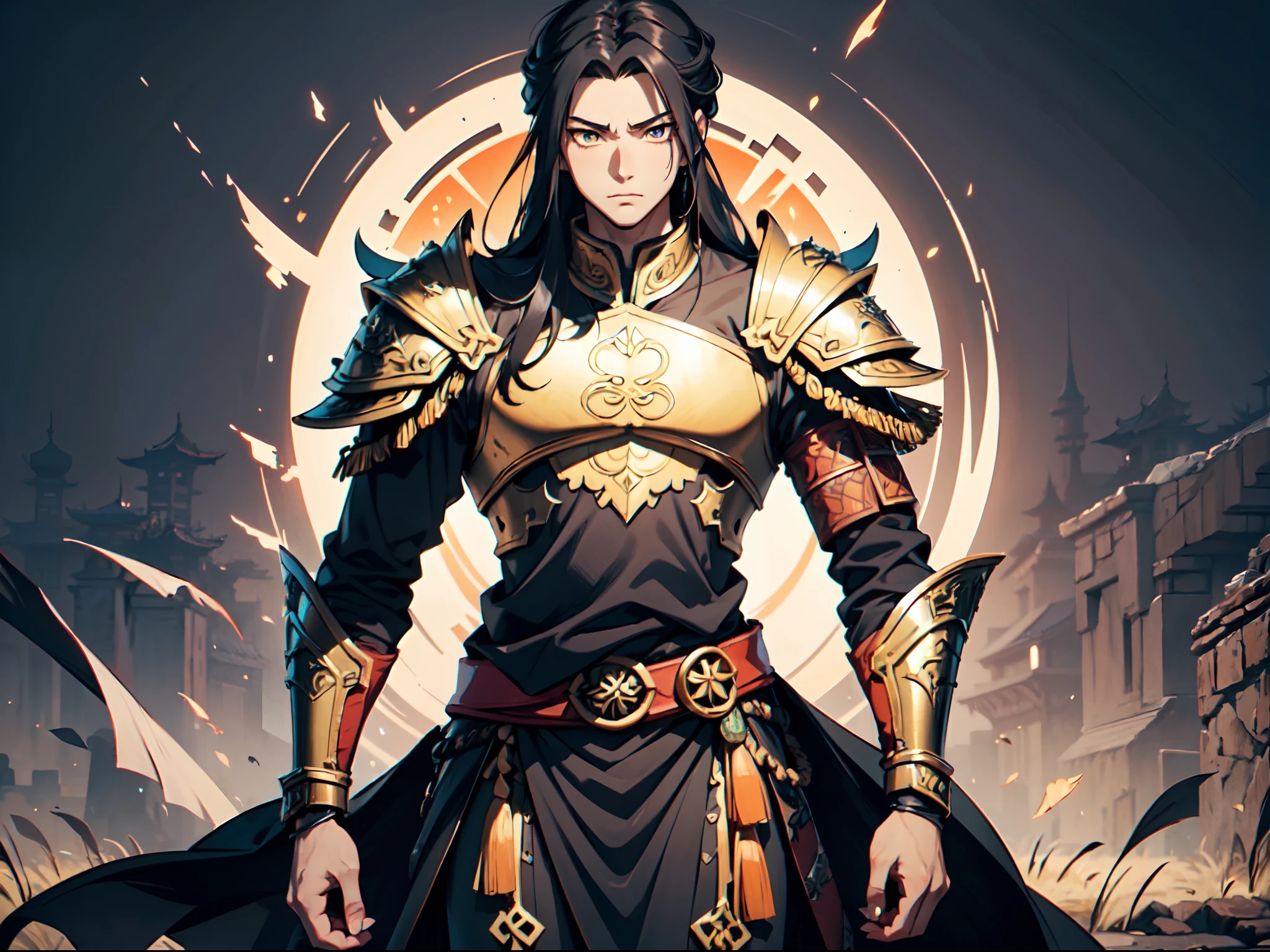 Ultra High Definition, Ultra High Quality, Extremely Detailed, Perfectly Detailed, Masterpiece, 8k, 1 Boy, Look A Like Xin From Kingdom Anime, Handsome, Armored With Chinese Emperor Armor, Black And Orange Pupil Eyes, Black Long Hair Tied, Full Body Shot, Ancient Kingdom Background