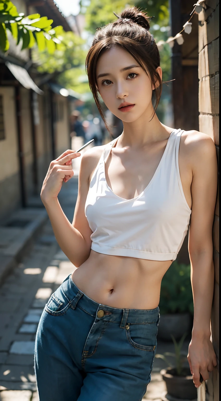 Tenten from naruto,white skinned,brown hair,shorter pants,looking at viewer,Realistis,Curved posture, ninja village, low chest, holding dagger