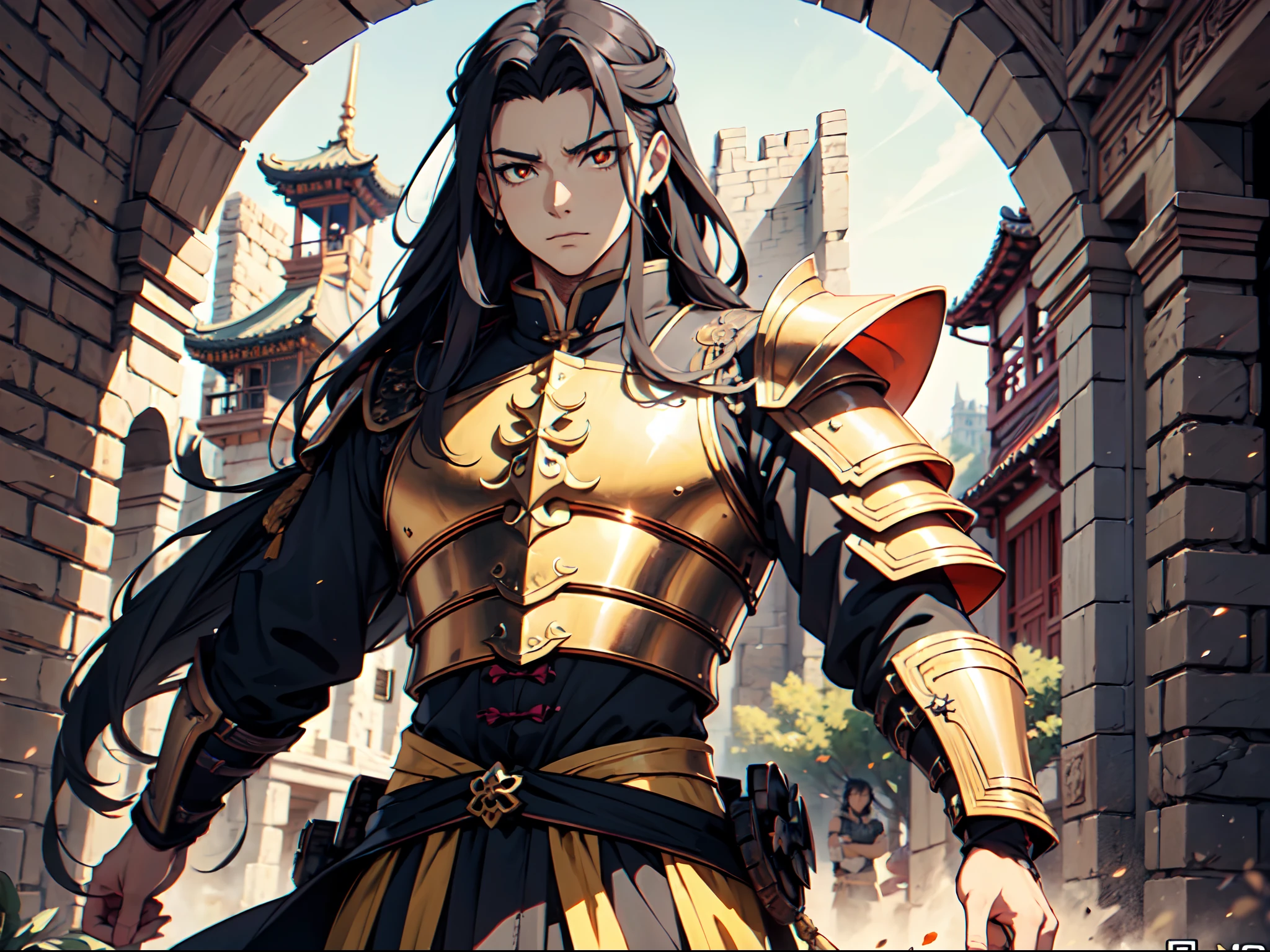 Ultra High Definition, Ultra High Quality, Extremely Detailed, Perfectly Detailed, Masterpiece, 8k, 1 Boy, Look A Like Xin From Kingdom Anime, Handsome, Armored With Chinese Emperor Armor, Black And Orange Pupil Eyes, Black Long Hair Tied, Full Body Shot, Ancient Kingdom Background