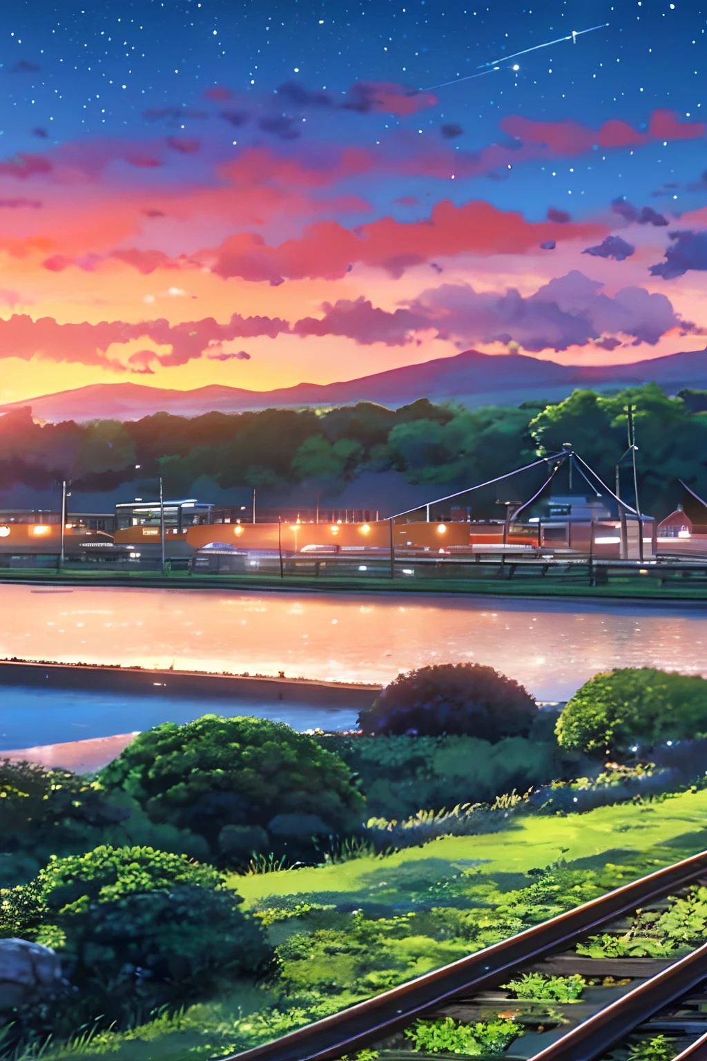 Beauti Summer night sky, skura, In style of Makoto shinkai, 2 girl, 2D, master part, melhor qualidade, anime, Rosto altamente detalhado, olhos altamente detalhados, Antecedentes altamente detalhados, perfect lighting, corpo inteiro, 1girl, sozinho, sun chan representado o sol, O Sol era animado, radiante e vaidoso de seu trabalho. moon chan representando a lua,  Lua era reservada, delicada e humilde, Holding each other's hand, Moon chan is guiding Sun chan,camiseta, medium breasts,obra-prima de alta qualidade , scenecy，anime train passing through bodies of water on tracks， Bright starry sky, Fotos de filmes, sorrir, Pixiv，Conceito-Arte，estilo de arte lofi，Refletores。 por makoto shinkai, Arte Lofi, belas cenas de anime, Paisagens de anime, detailed cenary