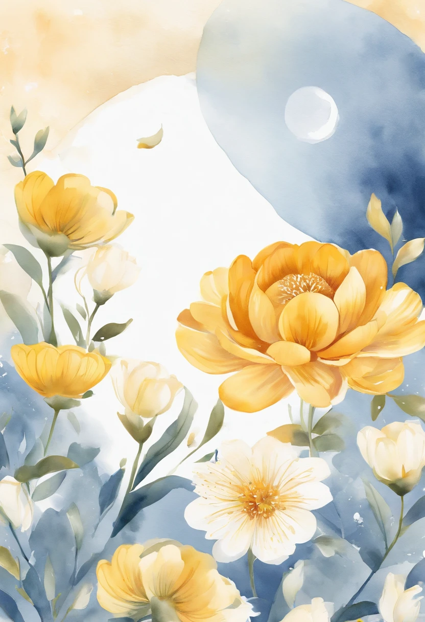 Biological map， Moon cake，Small flowers，white and yellow， Beautiful, 1:1, the watercolor style, Wet process and wet process, mute, Indigo, Fabric design, Flat illustration, highly detailed cleaning, Vector image, Masterpiece, professional, isometry, There is a distance，Bright vector, White background, Dry brush, Brush strokes, Painted on canvas, by J.m.Show on the. Turner. Expressive markers.