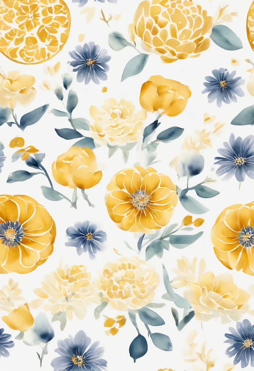 Biological map， Moon cake，Small flowers，white and yellow， Beautiful, 1:1, the watercolor style, Wet process and wet process, mute, Indigo, Fabric design, Flat illustration, highly detailed cleaning, Vector image, Masterpiece, professional, isometry, There is a distance，Bright vector, White background, Dry brush, Brush strokes, Painted on canvas, by J.m.Show on the. Turner. Expressive markers.