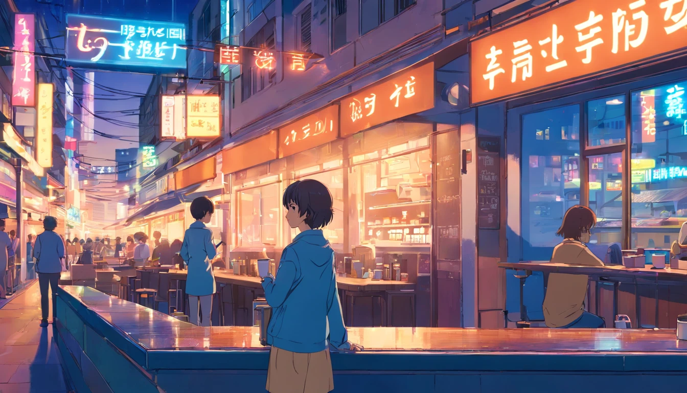 Lo-Fi Coffee, noite, neon light, placa, loja, azul