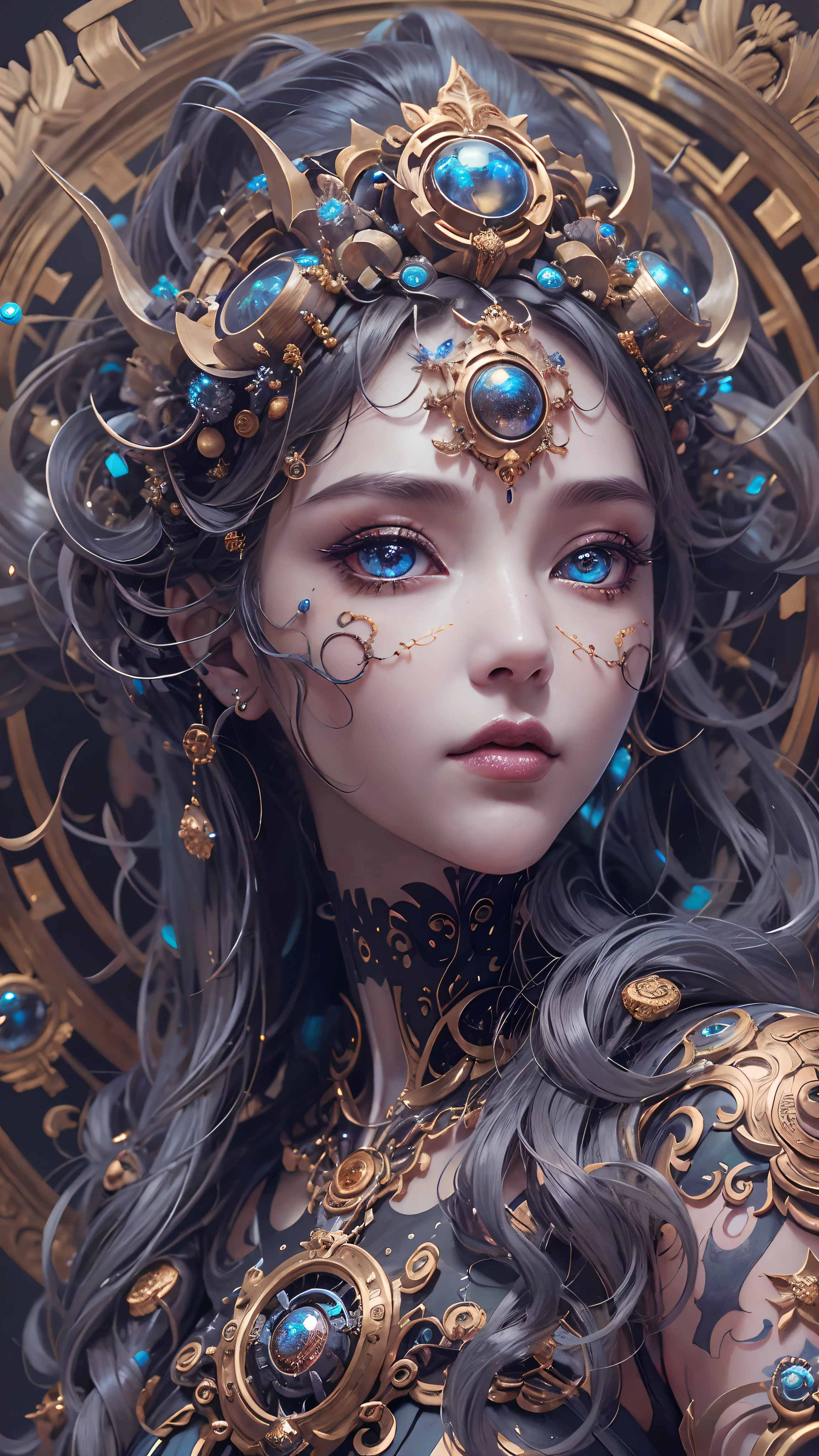 (((Body Portrait)))、(best qualtiy,ultra - detailed,Most Best Illustration,Best Shadow,tmasterpiece,hight resolution,professionalartwork,famousartwork),Detailed eyes,beautidful eyes,closeup cleavage,sci-fy,colored sclera,Robotic eyes,face markings,tattooed,(fractalized,Fractal Eye),largeeyes,wide eyes,(Eye focus),sface focus,the eye of the universe,Close up of metal sculpture of woman with moon in hair,goddes。extremely high detail,goddess portrait,Highly detailed footage of the goddess,a stunning portrait of a goddess,Side image of the goddess,portrait of a beautiful goddess,(Full body close-up of goddess),Goddess of Hecate,portrait of a norse moon goddess,goddess of space and time、((masterpiece、top-quality、ultra-definition、hight resolution))、4K picture quality、