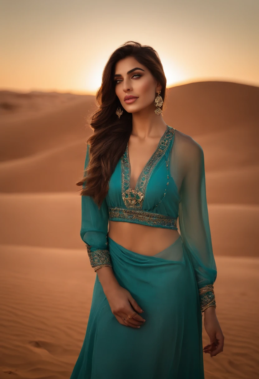 0k, RAW photo, best quality, masterpiece: 1.2), (realistic, photorealistic: 1.37), A 21 years Turkish Beautiful woman, Wearing Maria B brand Dress, at sahara Desert Nightscape , Arabic camp, Near Nissan Parol Jeep, Mehwish Hayat,Bokeh