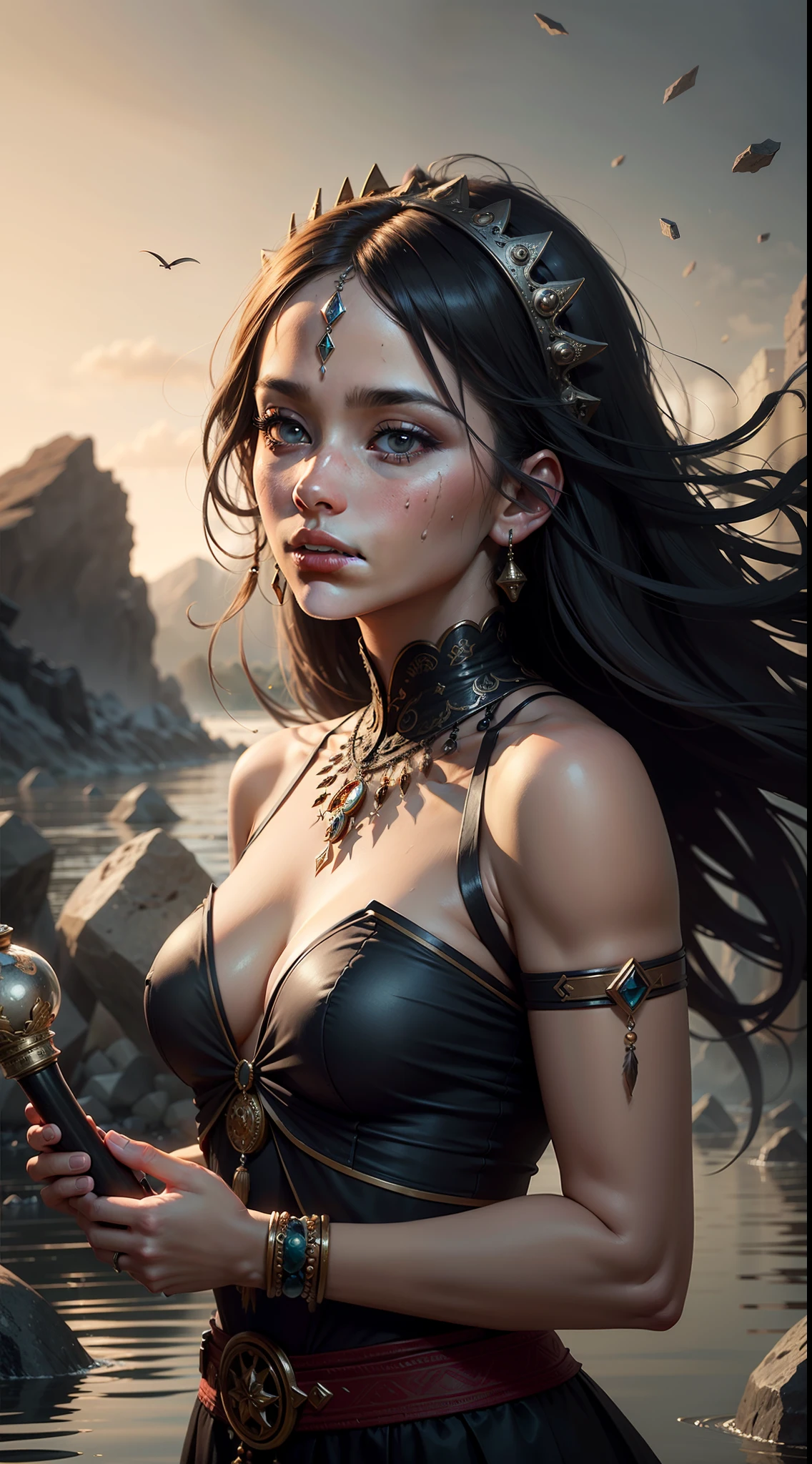 (female), shaman, detailed face, (stonepunkAI, stone theme:1.1), cowboy shot, wise, mystical, (gorgeous face), head tilted upwards, (serene expression), calm, meditating, prayer beads, tribal jewelry, feathers, jade, obsidian, detailed clothing, realistic skin texture, (floating particles, water swirling, embers, ritual, whirlwind, wind), foreboding atmosphere, detailed background, sharp focus, volumetric lighting, good highlights, good shading, intricate, highly detailed, ((cinematic)), dramatic, (highest quality, award winning, masterpiece:1.5), intricate symmetrical warpaint, nsfw
