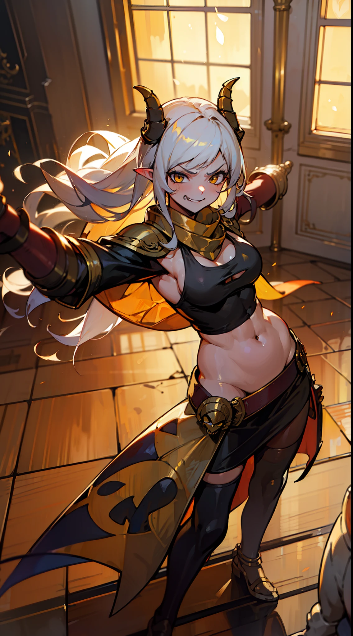 girl,brown skin, hidden arms,long hair, white hair,curly hair,yellow eyes,(((villain,psycho,villain smile, psychopath, angry))), medium boobs,show belly,gold armor outfit, black small shirt,long black stockings, detailed clothes, masterpiece, hyper realistic, high definition,black horns,black pantyhose,elves ears,yellow scarf,close-up,(((standing inside of a room in mansion in night))),((fires surrounding, glistening sparks)))